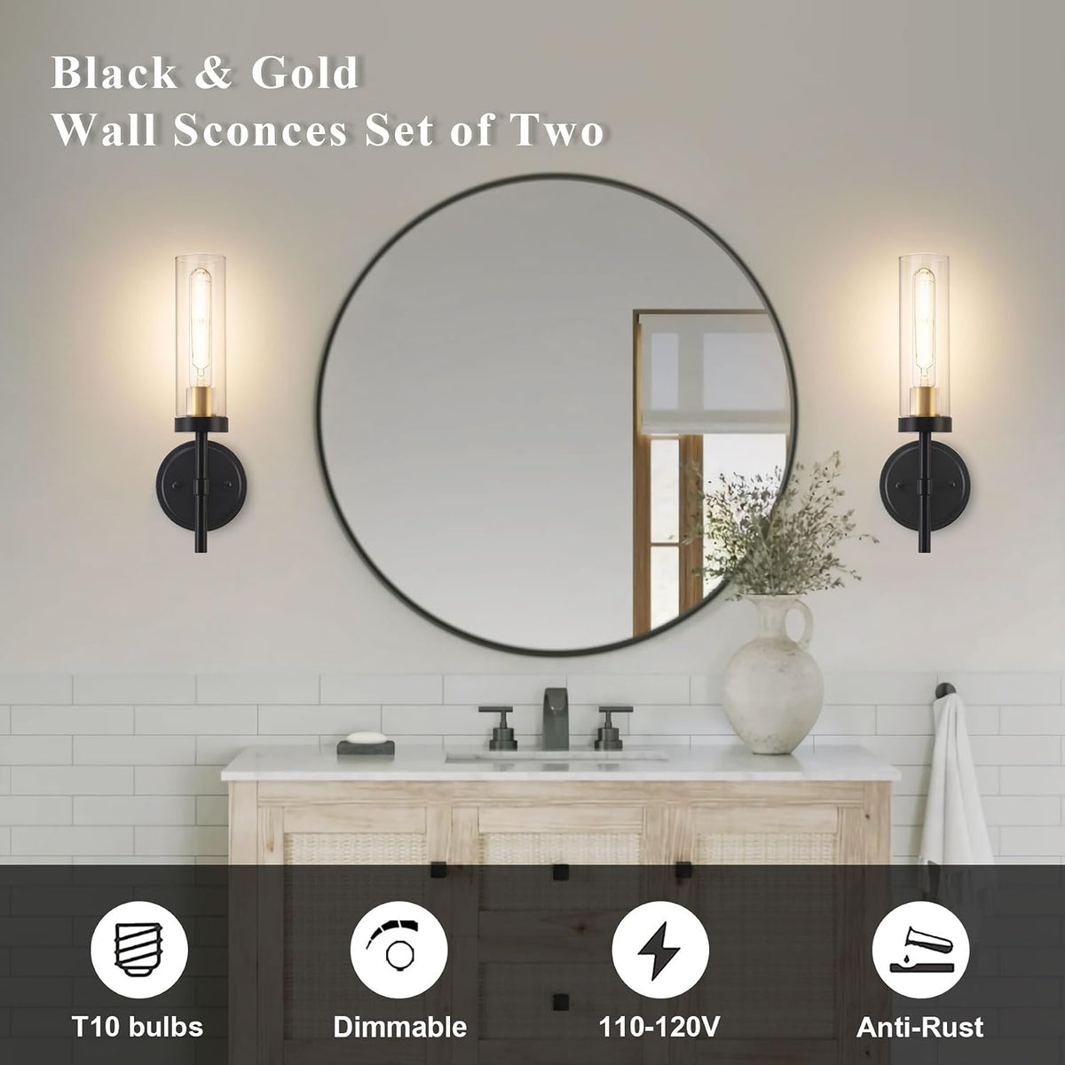 Hardwired Wall Sconces Set of Two, Bathroom Vanity Sconces Wall Lighting with Clear Glass Shade, Black and Gold Modern