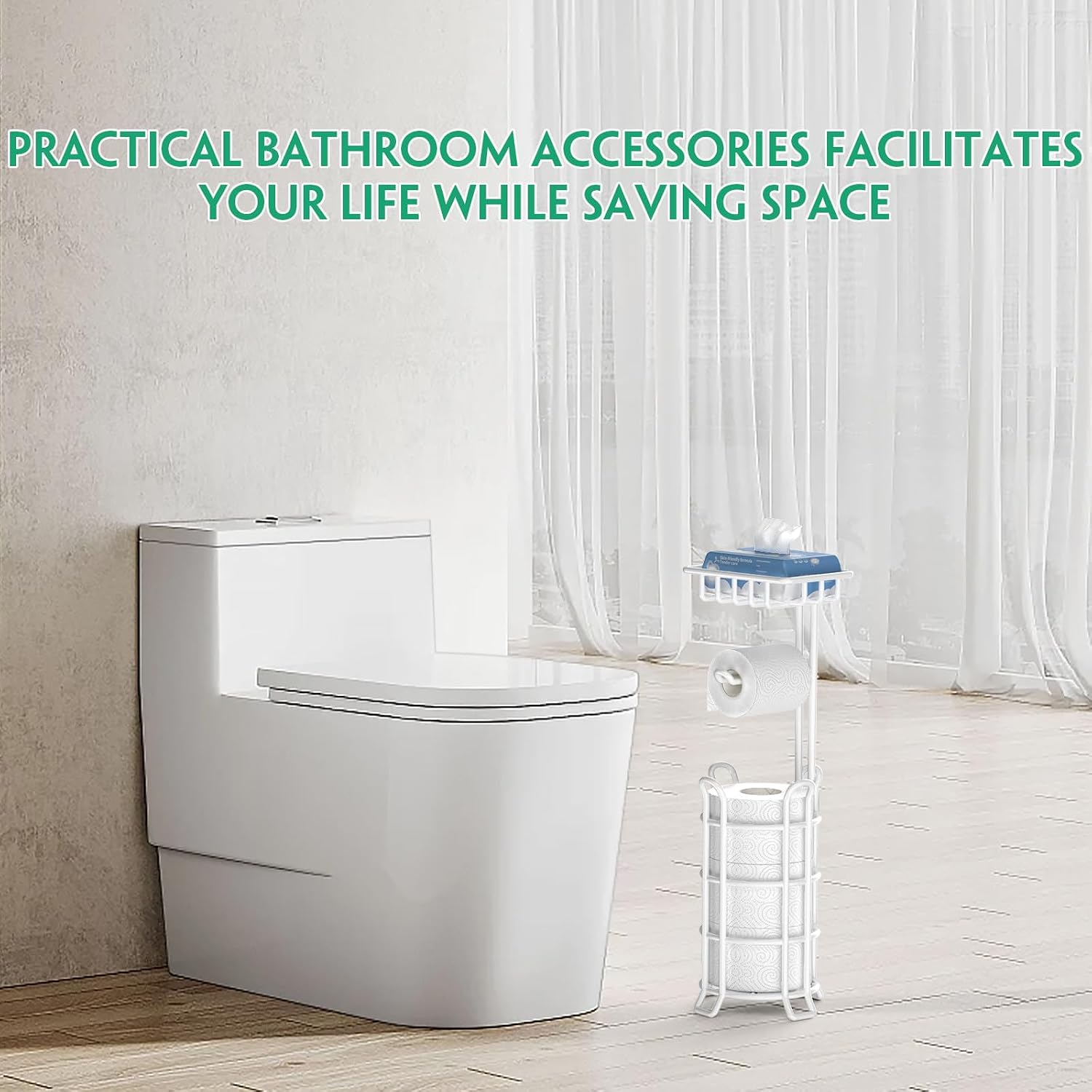 TomCare Toilet Paper Holder Free Standing with Shelf, Stable 4 Raised Feet | Stores 4 Mega Rolls, Tool-Free Assembly