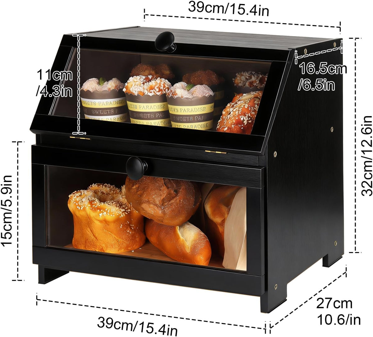 Bamboo Bread Box for Kitchen Countertop, Large Bread Storage Container Bin 2 Layer Breadbox Holder for Kitchen Counter