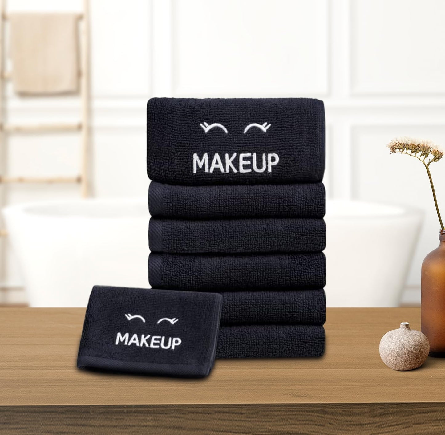White Classic Bleach Safe Black Makeup Washcloths for Face Cleansing, 12 Pack - Super Soft Luxury Cotton Black Makeup