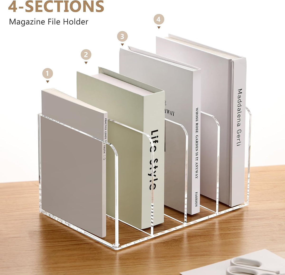 SANRUI Acrylic Magazine Holder Desk Organizer Workspace Sorter Clear 4 Slot | Bookend File Sorter Holder,Folder Rack