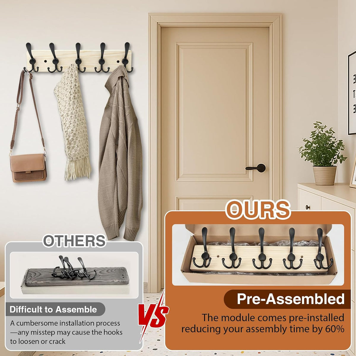 Wooden Coat Rack Wall Mount Heavy Duty, 2 Pack Coat Hanger Wall Mount with 5 Triple Hooks for Clothes, Jacket, Hat