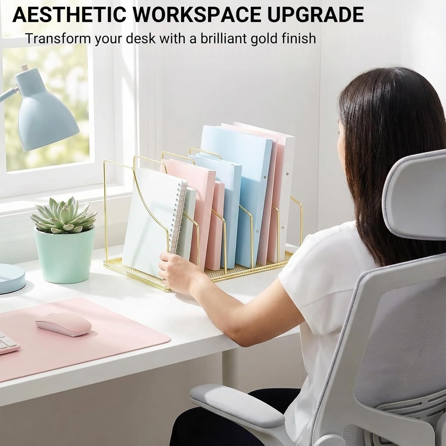 Gold Binder Organizer for Desk, 5 Slot Metal Wire Vertical File Sorter with Mesh Bottom, Large Desktop Magazine Holder
