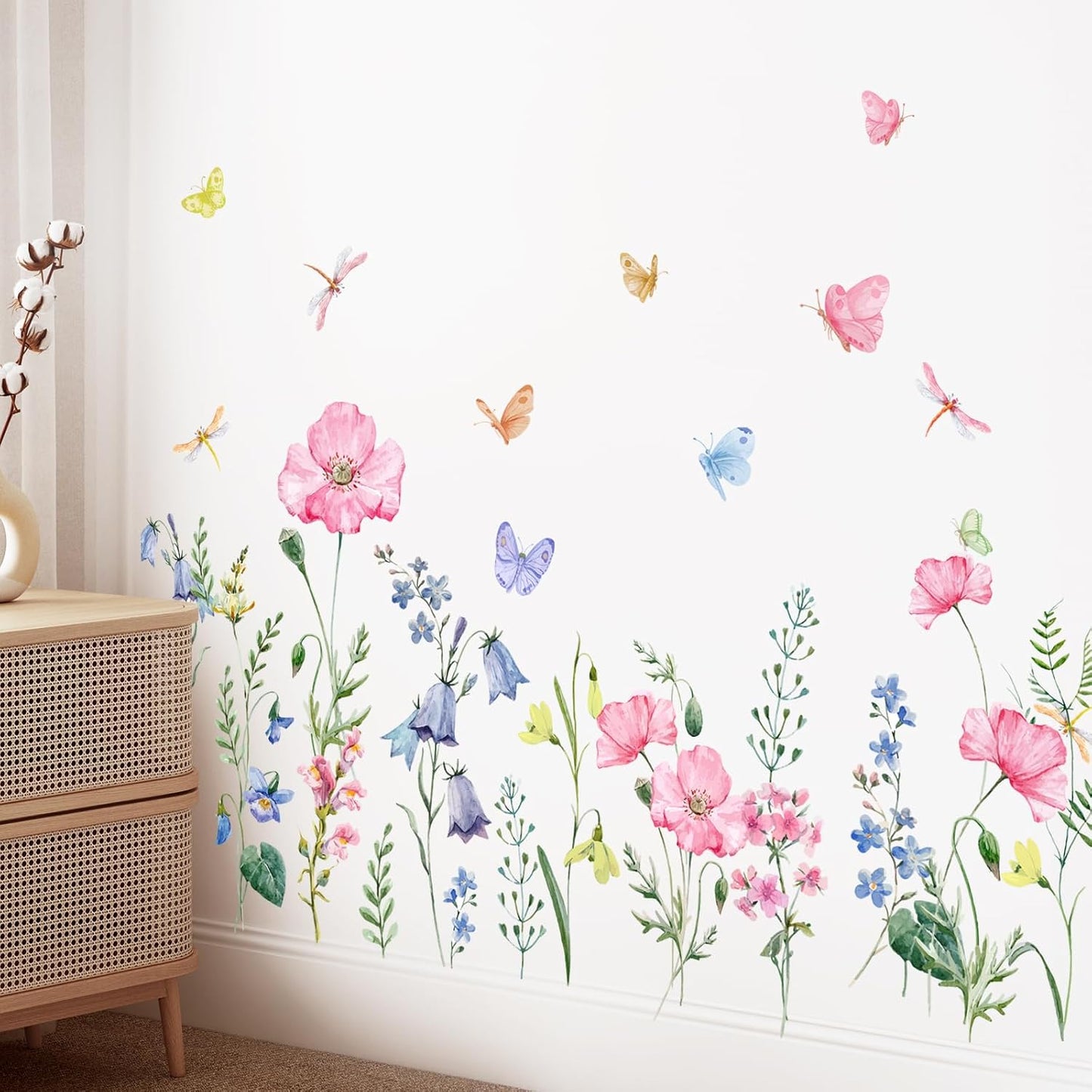 Watercolor Wildflower Wall Decals Colorful Garden Flower Grass Butterflies Wall / Pink Wildflower