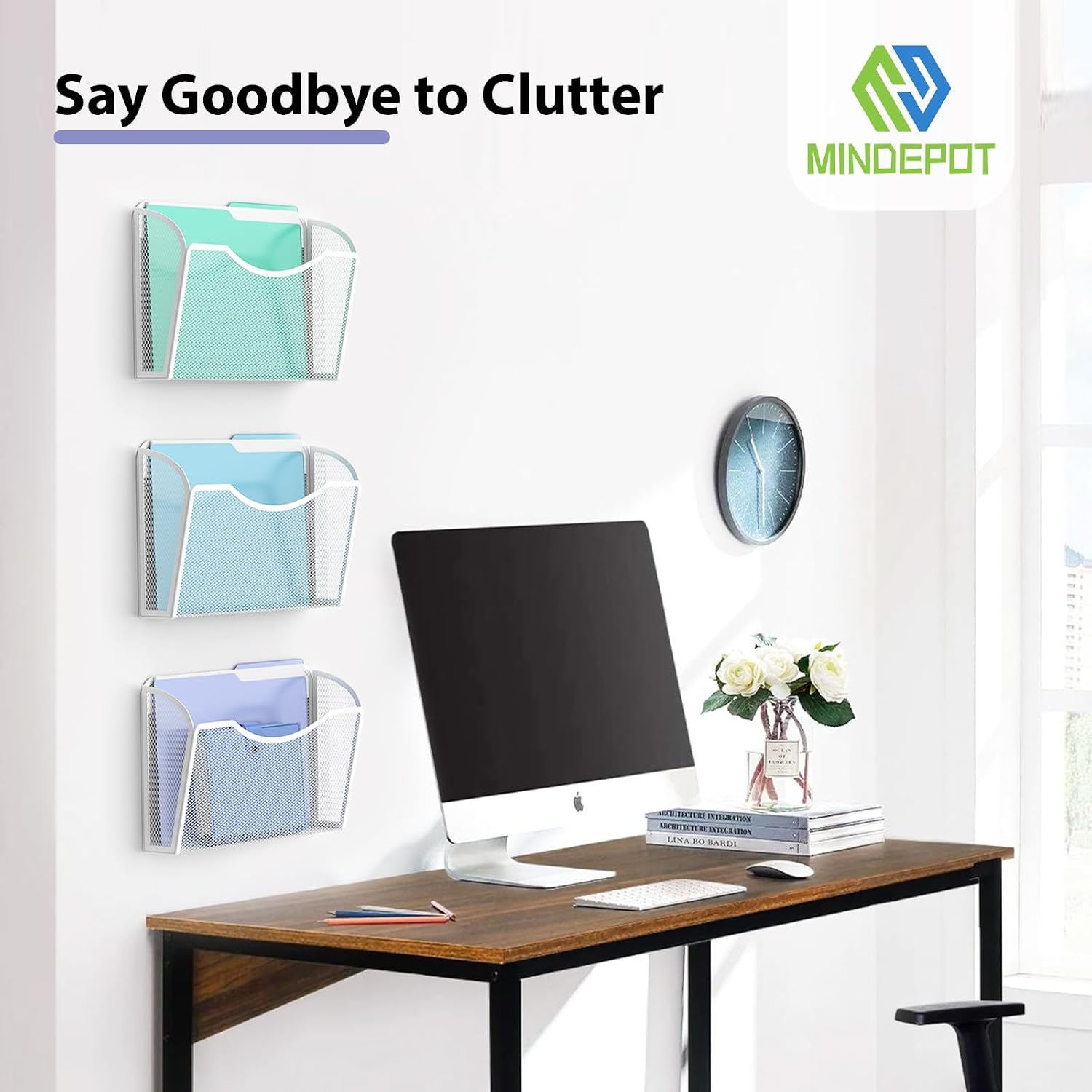 MINDEPOT Wall File Organizer, Hanging Wall File Holder, 3 Pack, Black | Heavy Duty Iron, Metal Mesh Wall Mount, Single