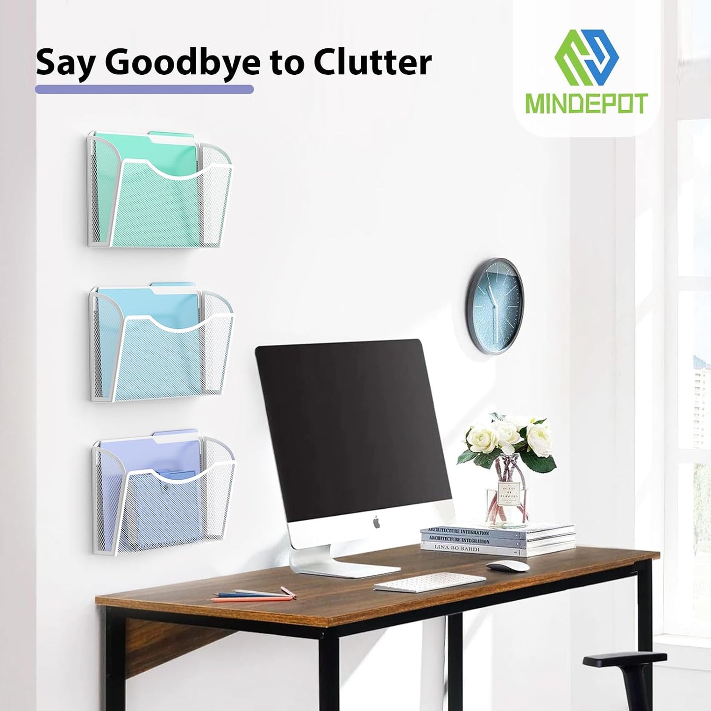 MINDEPOT Wall File Organizer, Hanging Wall File Holder, 6 Pack, Black | Heavy Duty Iron, Metal Mesh Wall Mount, Single
