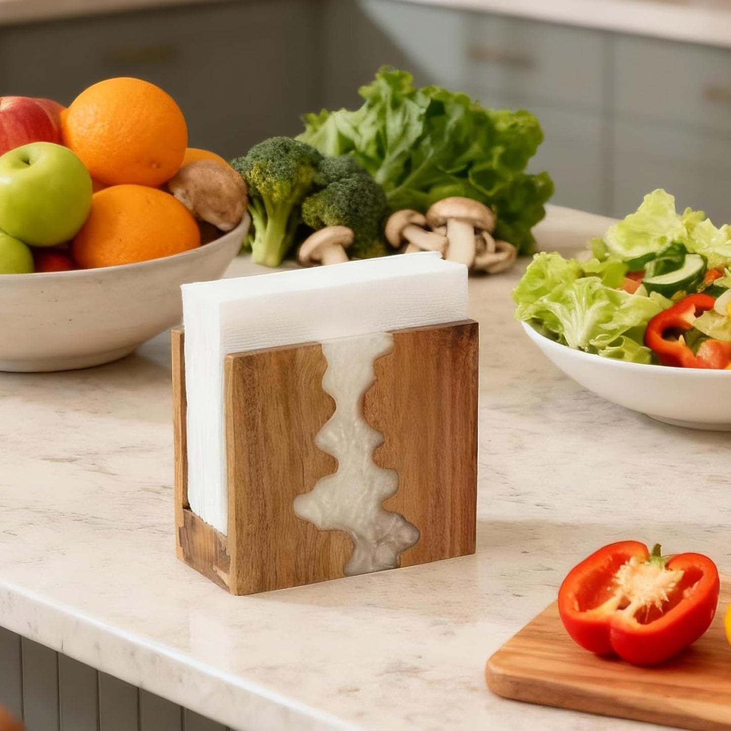 Acacia Wood Napkin Holder / Pearl White