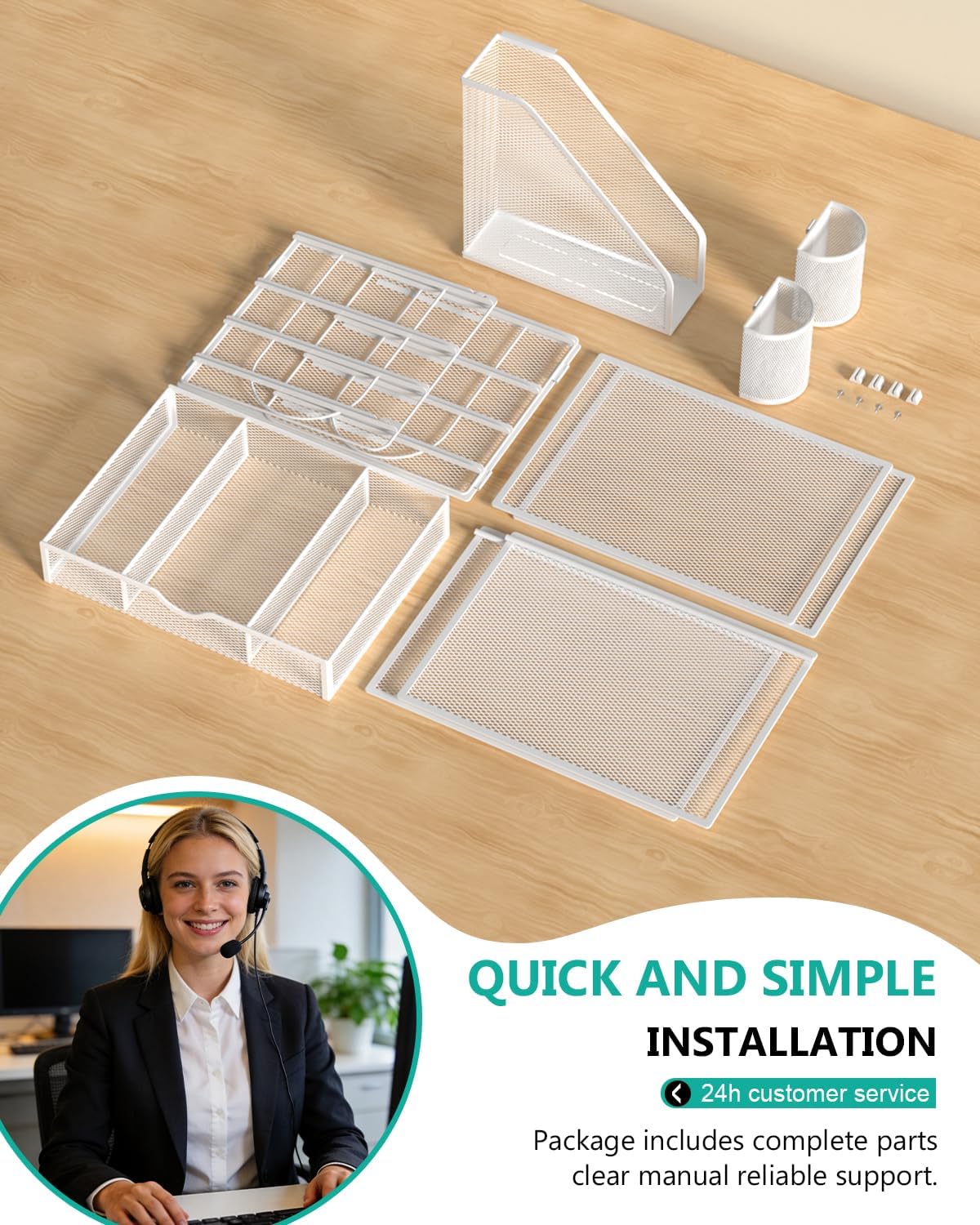 WALI Desk File Organizer, 4 Tier Desktop Paper Letter Tray Organizer with Drawer and 2 Pen Holders, Office Desk