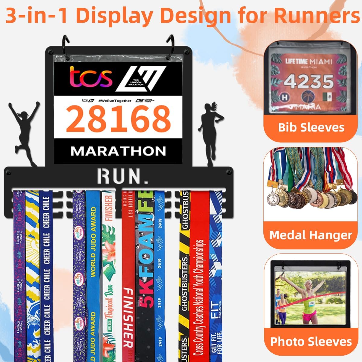 Race Bib & Medal Display Holds 45+ Medals 100 Bibs | 16" Metal Marathon Running Race Medal Hanger Display, 12 Bib