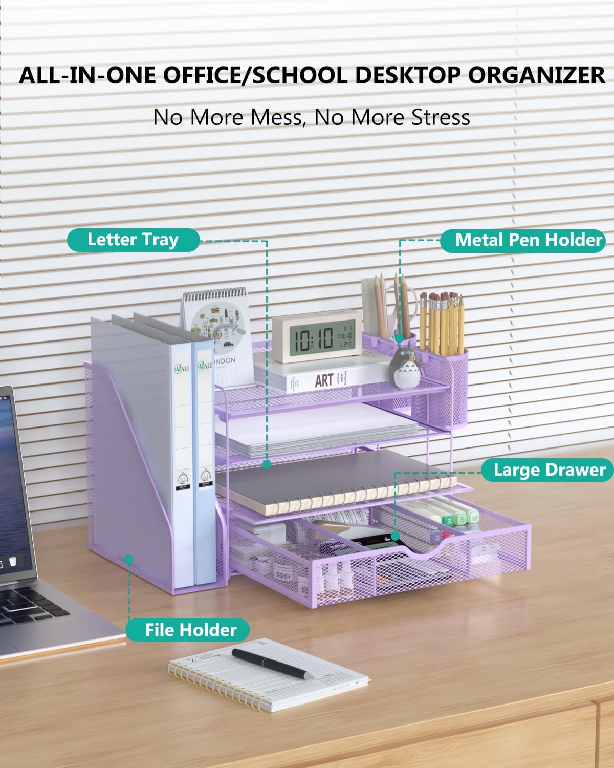 WALI Desk File Organizer, 4 Tier Desktop Paper Letter Tray Organizer with Drawer and 2 Pen Holders, Office Desk
