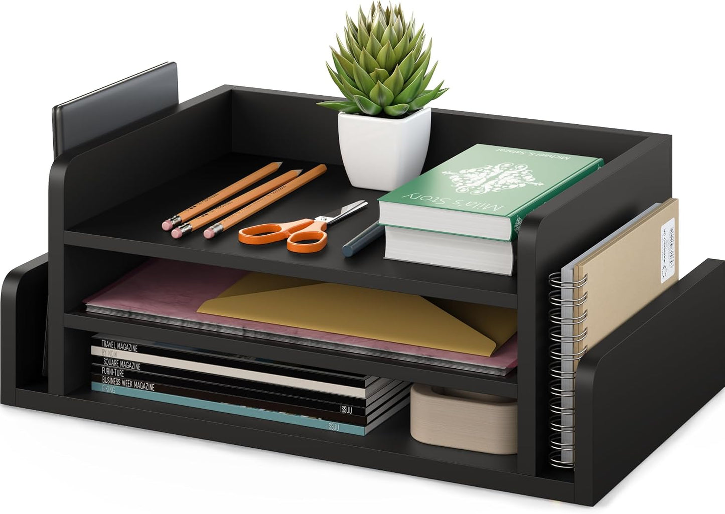 Ballucci 3-Tier Desk Organizer with 2 Side Mail Sorter Slots, Wood Letter Tray, Open Top Paper Organizer, Desktop File