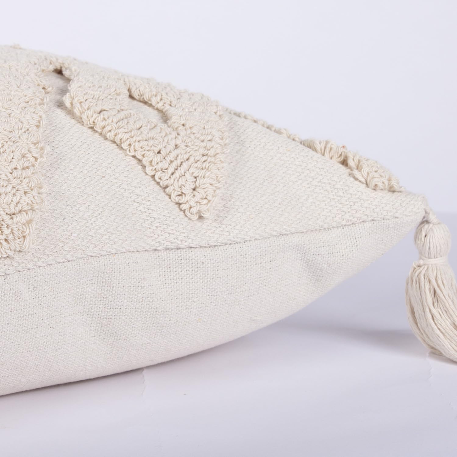 Boho Tufted Lumbar Throw Pillow Cover / Beige / 12 x 20