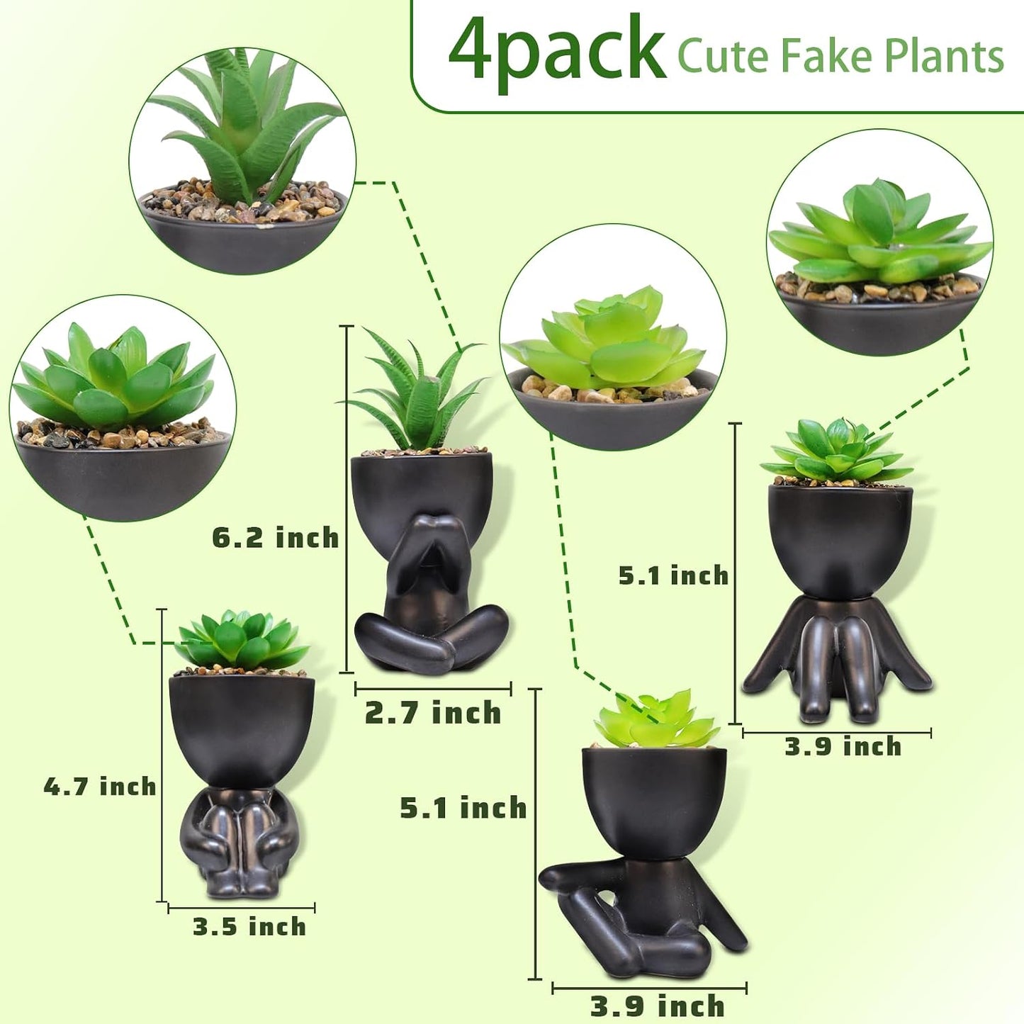 Artificial Succulent Plants in Human Shaped Pots / Black / Set of 4