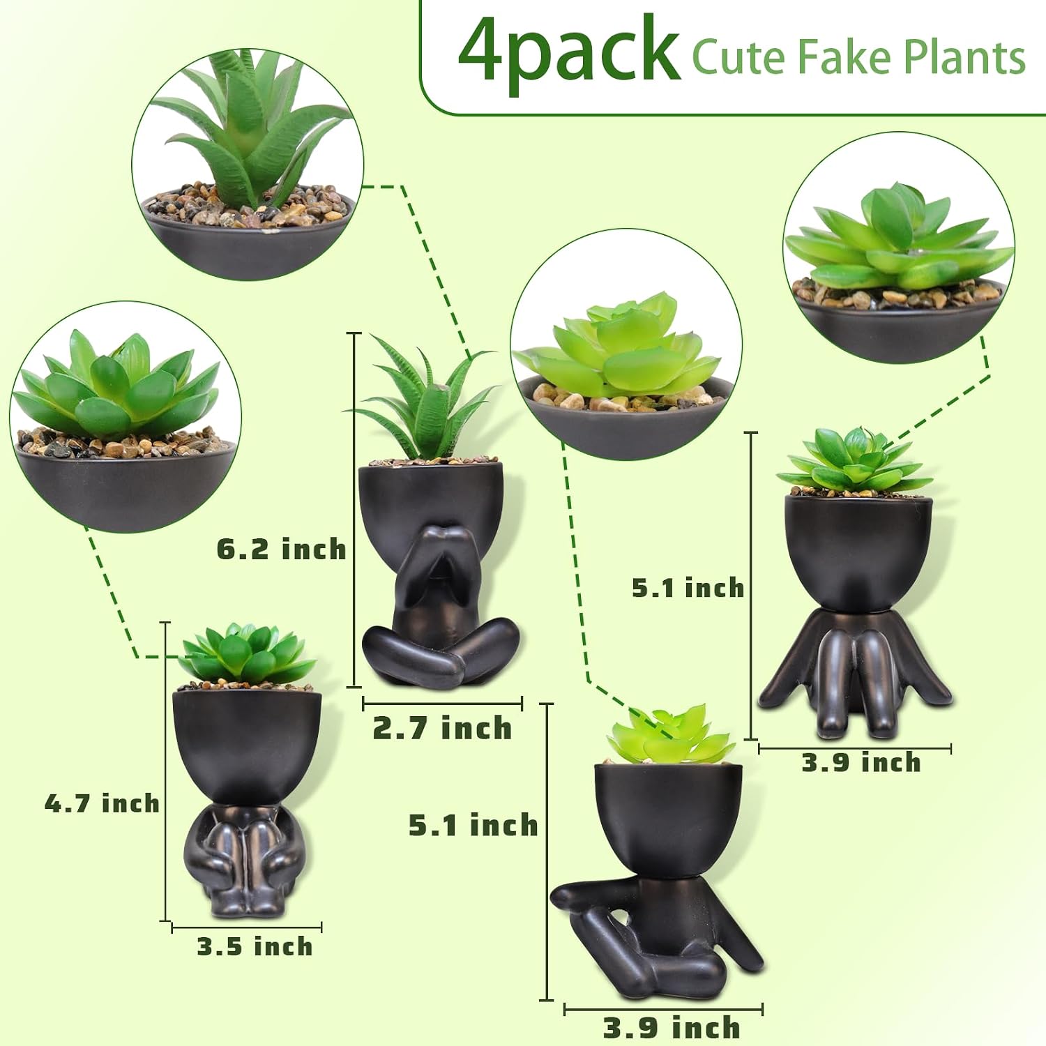 Artificial Succulent Plants in Human Shaped Pots / Black / Set of 4