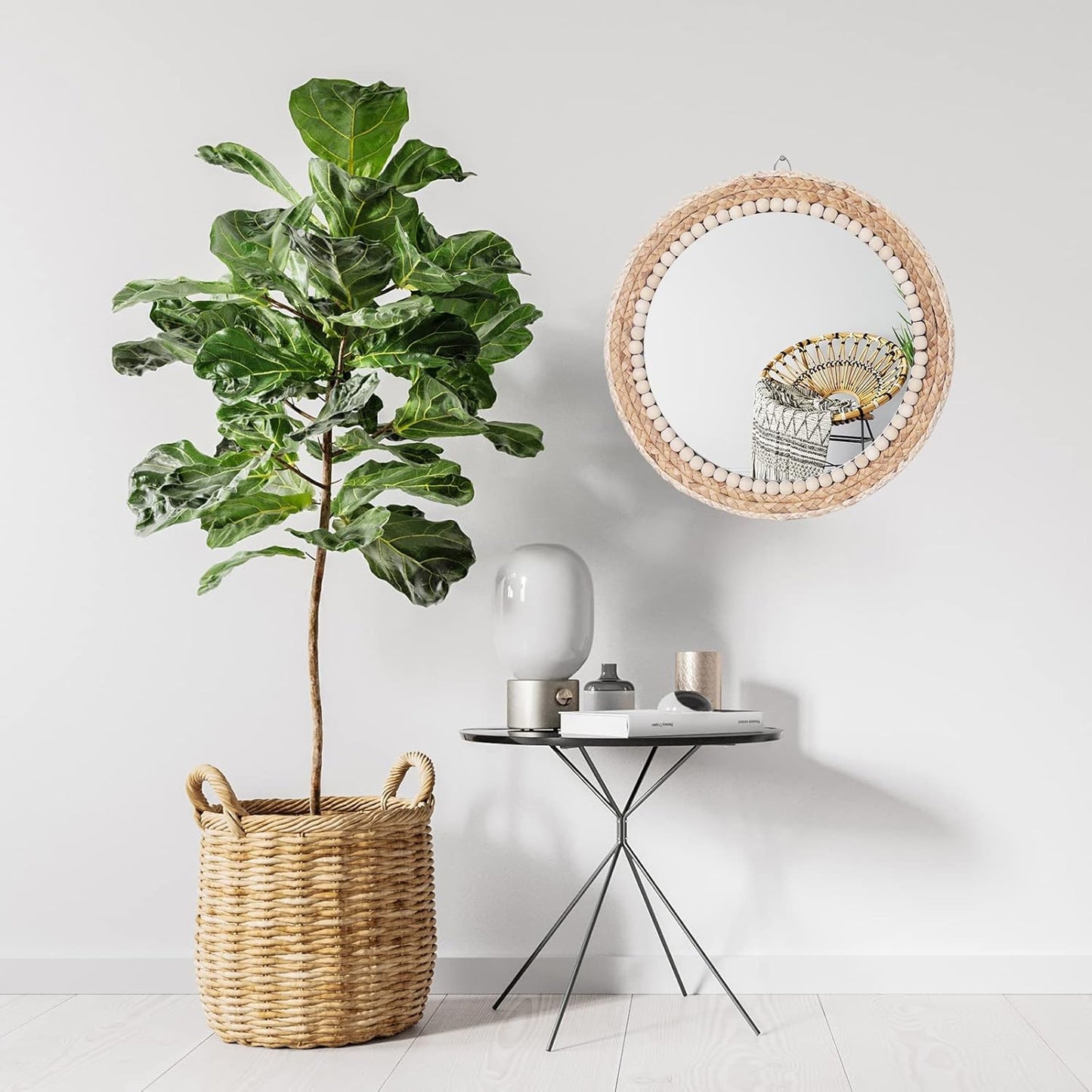 Boho Round Hanging Wall Mirror Decorative Rattan Circle Mirrors / 15 Inch Wood / 15 Inch