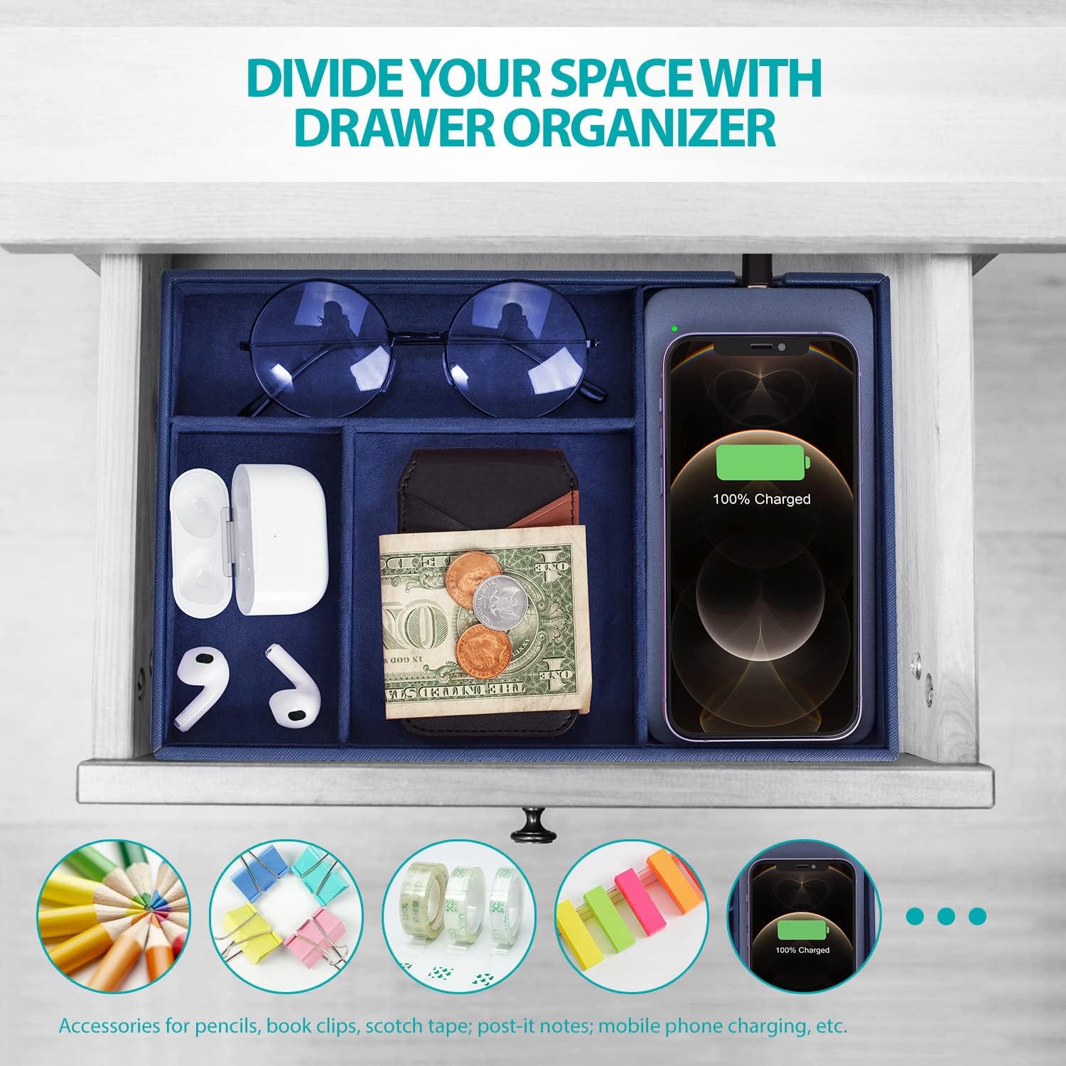 Valet Tray, Built in Wireless Charging Pad, Nightstand Organizer | Dresser Organizer, Mens Jewelry Box, Valet Charging