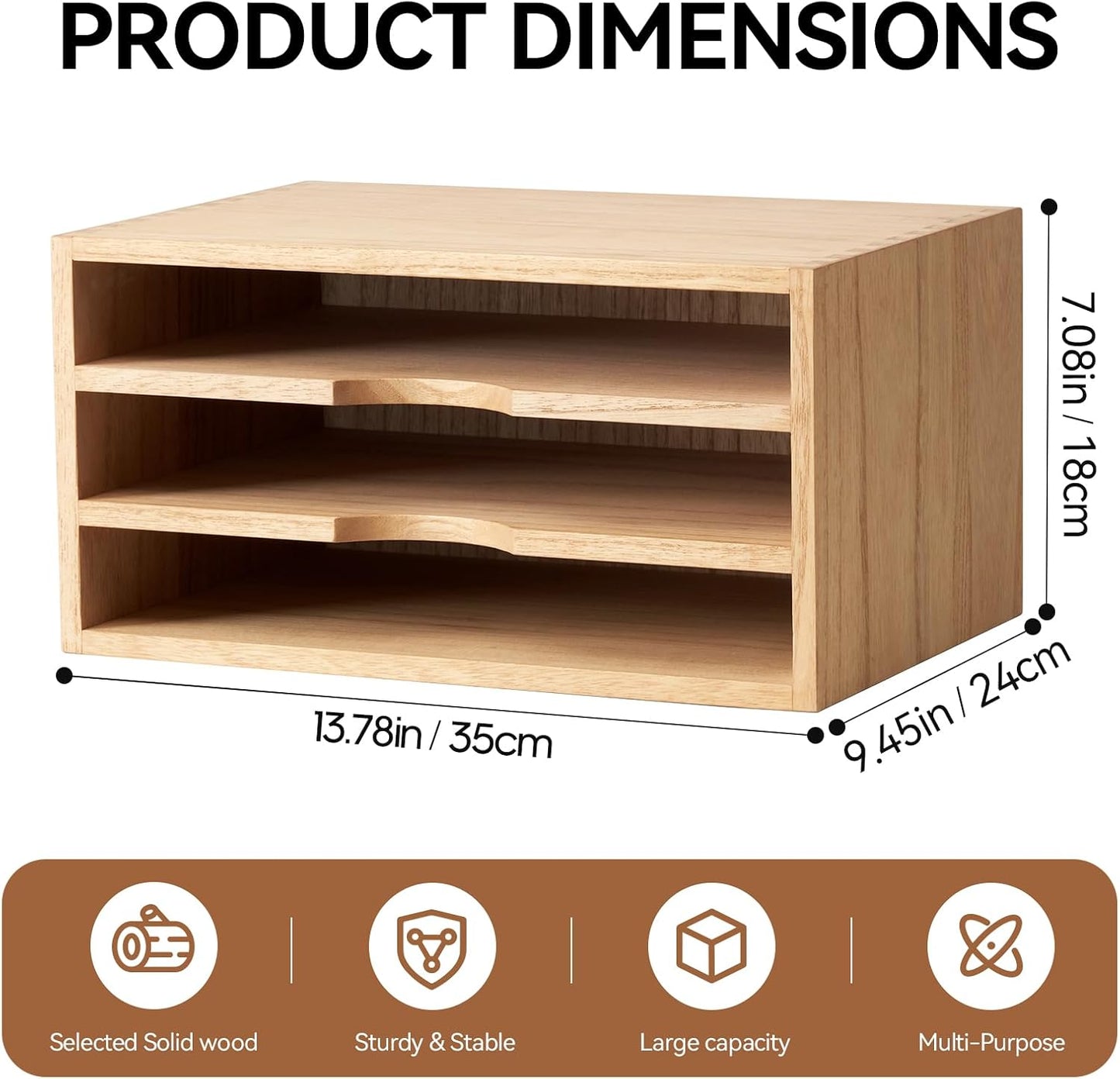 KIRIGEN Wooden Desk Organizer 3-Tier Letter Tray and Paper Sorter, Natural | Solid Wood Paper Tray Document Holder