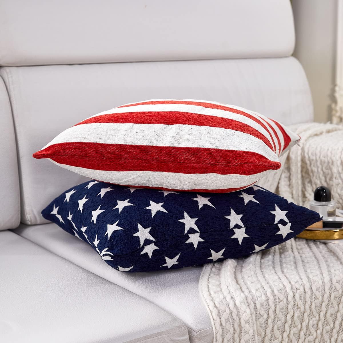 Soft Chenille Decorative Patriotic Throw Pillow Covers July / Red White Stripe / 18 x 18 / Set of 2