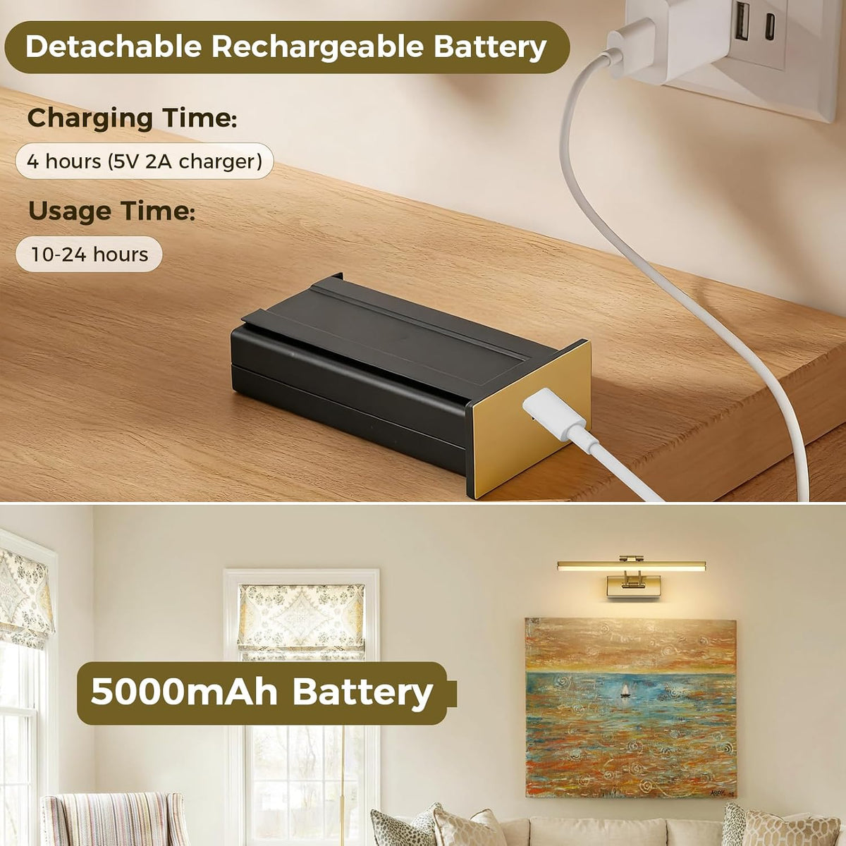 JUSHENG Picture Lights for Wall Battery Operated, Brass 3CCT Dimmable Gallery Light with Detachable Battery and Timer