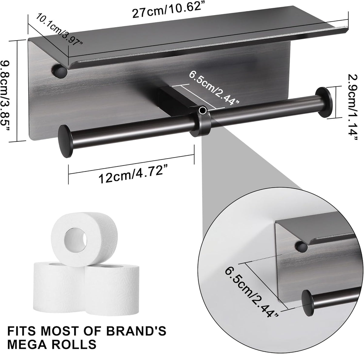 Grey Toilet Paper Roll Holder with Shelf Wall Mounted for Bathroom (Grey, Double Head)