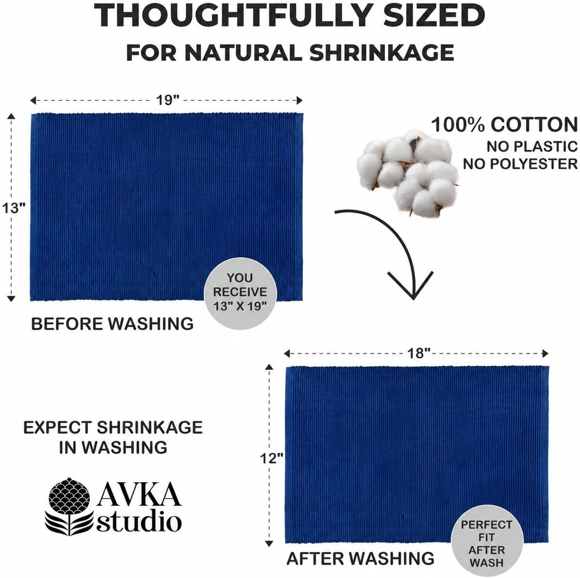 100% Cotton Ribbed Placemats - Set of 6-13 x 19 Inches - Royal Blue - Everyday Cloth Table Mats - Thick Construction