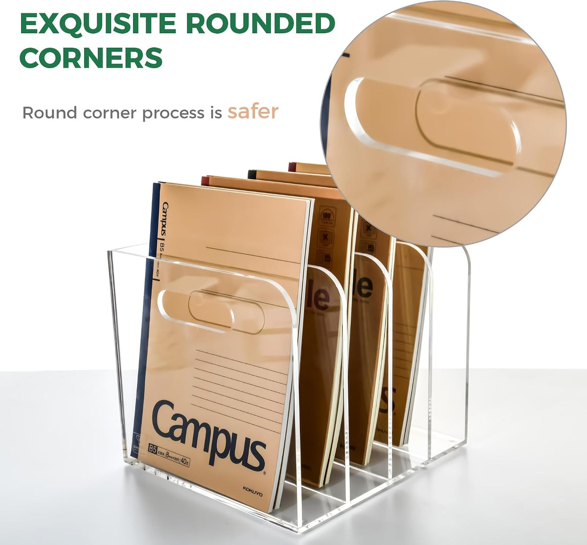 Acrylic File Holder for Desk - 4 Slot Vertical Magazine Organizer & Bookend - Clear Document Sorter Rack for Folders