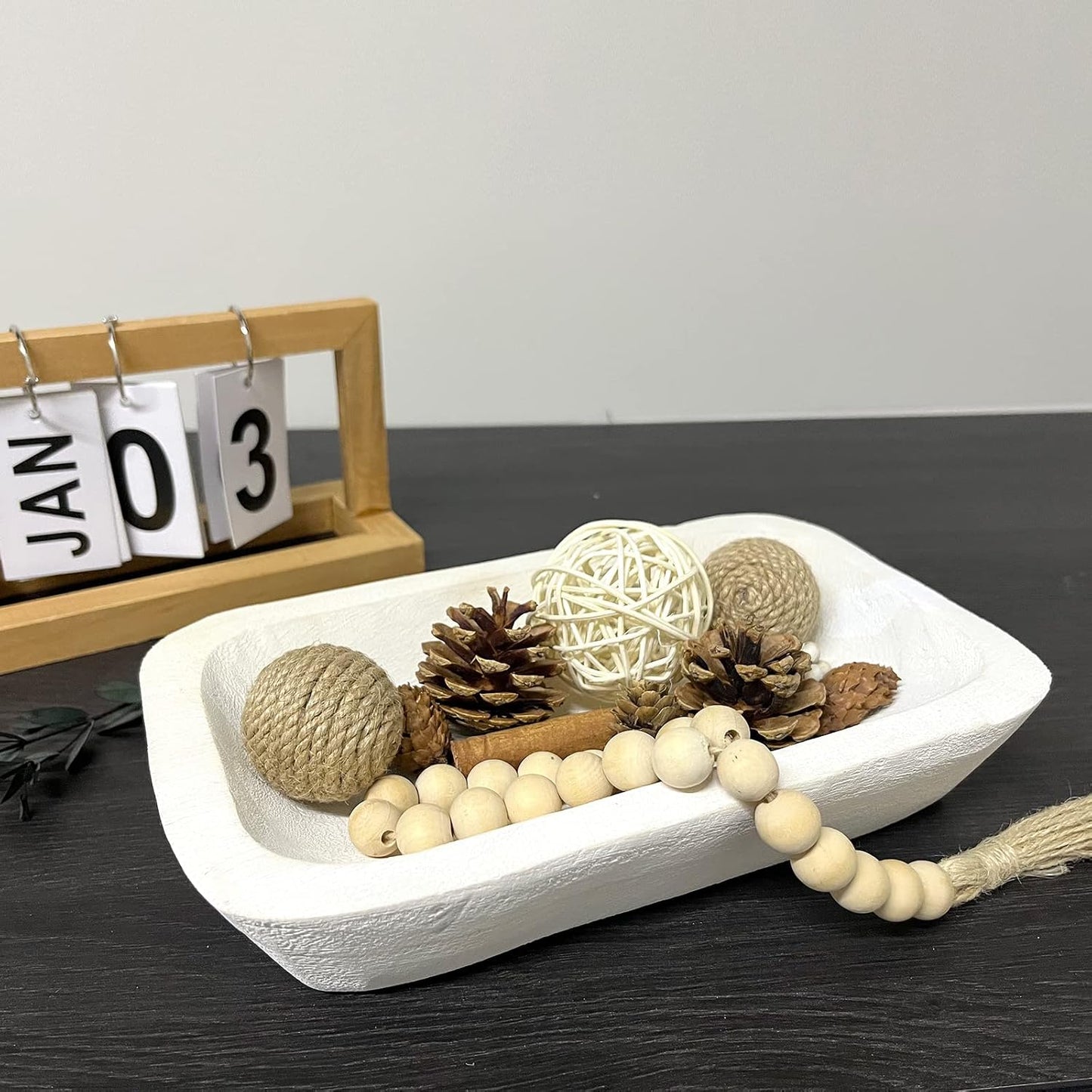 Wooden Dough Bowl Decor / 10inch White