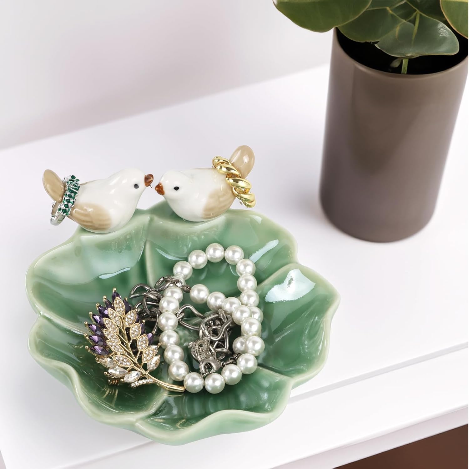 Ceramic Jewelry Tray Trinket Dish Decorative Bird & Lotus Leaf Ring Holder Dish Aesthetic / Green