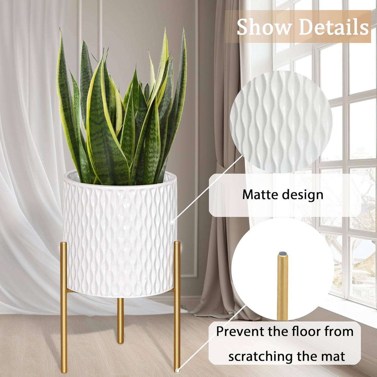 ARNIS Plants Pots with Stand, Set of 2 Planters, Unique Mid Century Decorative Metal Flower Pots with Drainage, 10.5 &