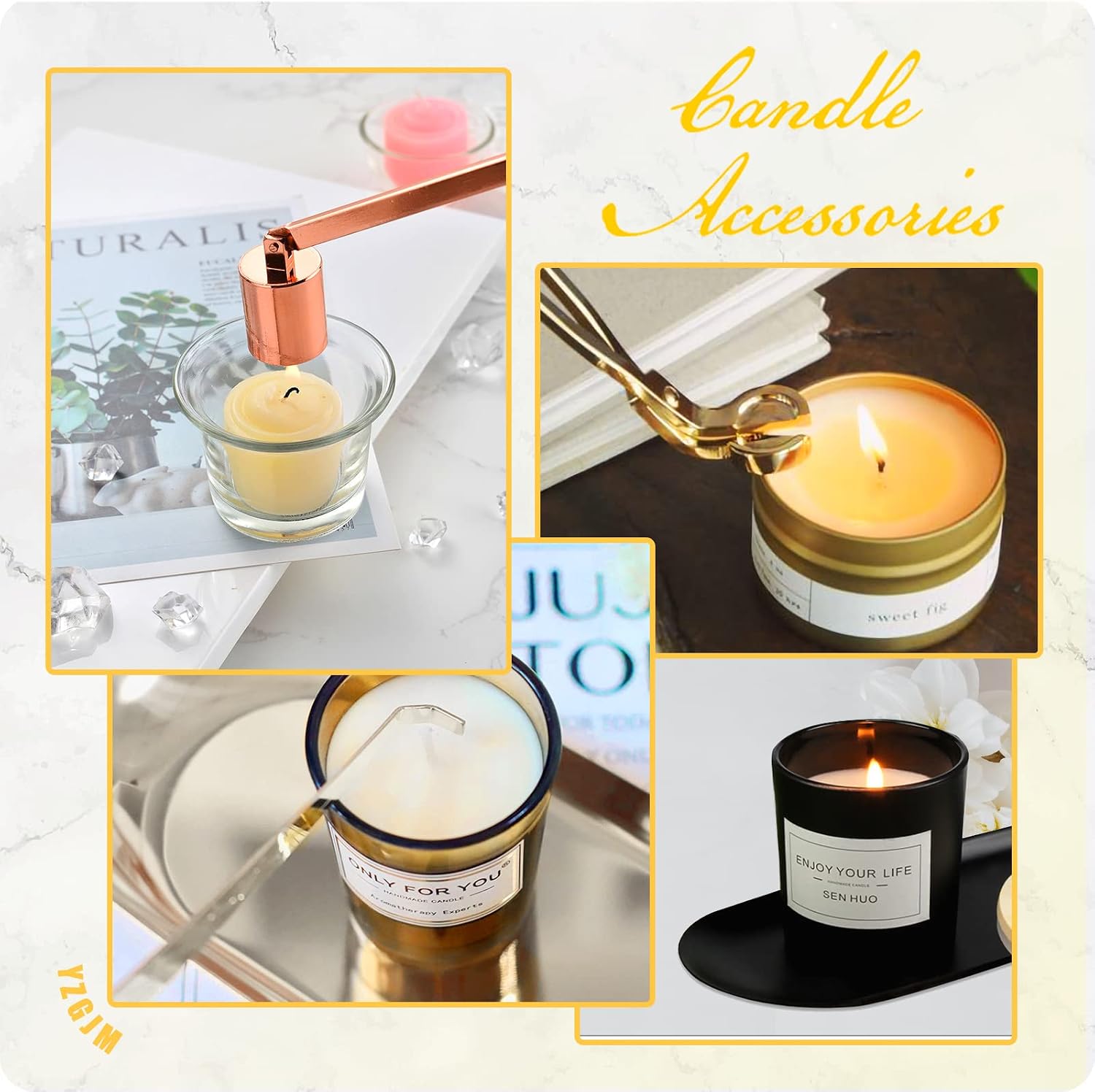 Exquisite Candle Accessories Tool Pack Bag, Rechargeable Electric Lighter， Wick Trimmer, Dipper, Snuffer and Tray