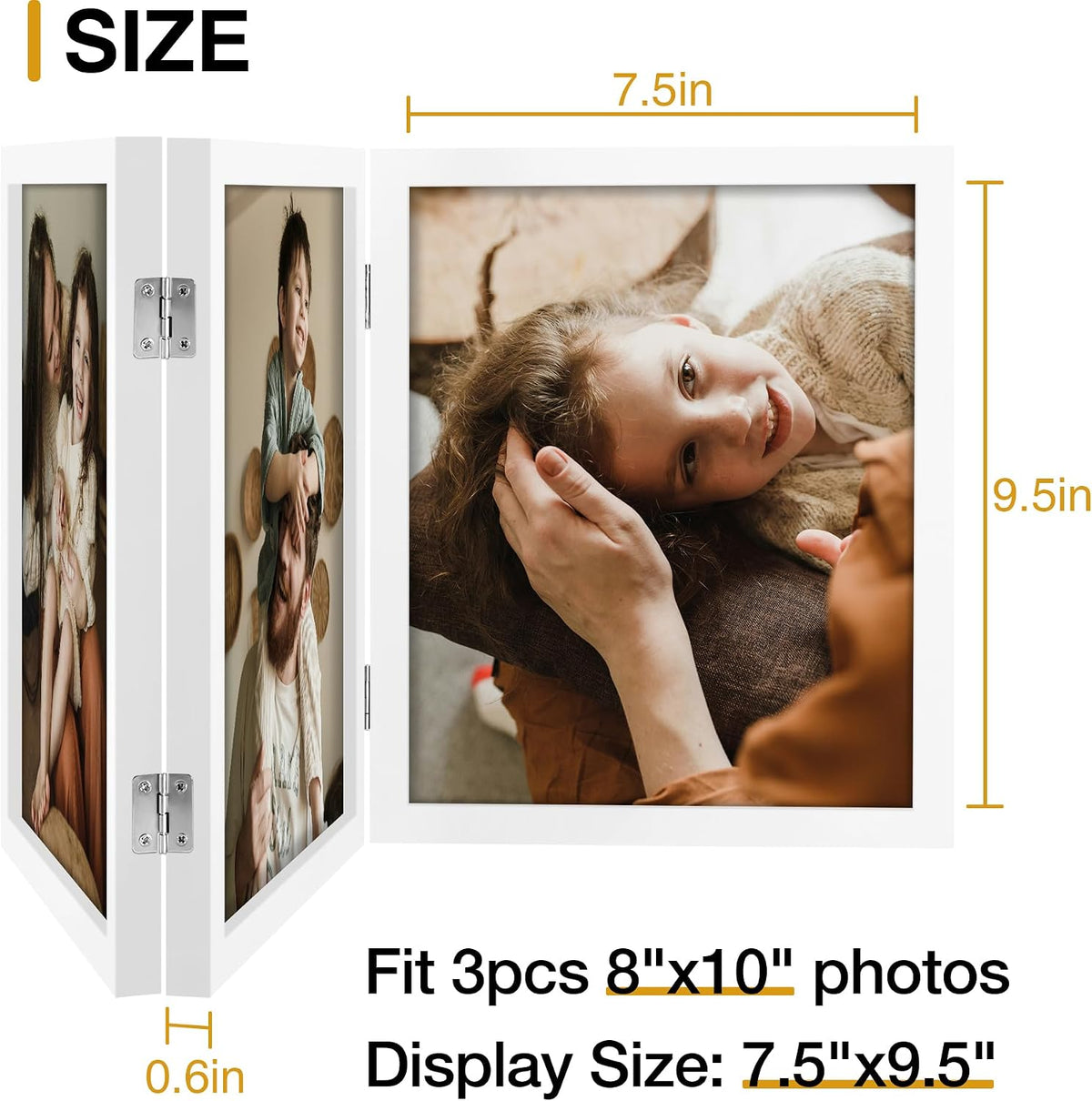 decorUhome White Triple 8x10 Picture Frame Vertical, MDWT08 | "Z" Shape Folding Design Engineered Wood Trifold Photo