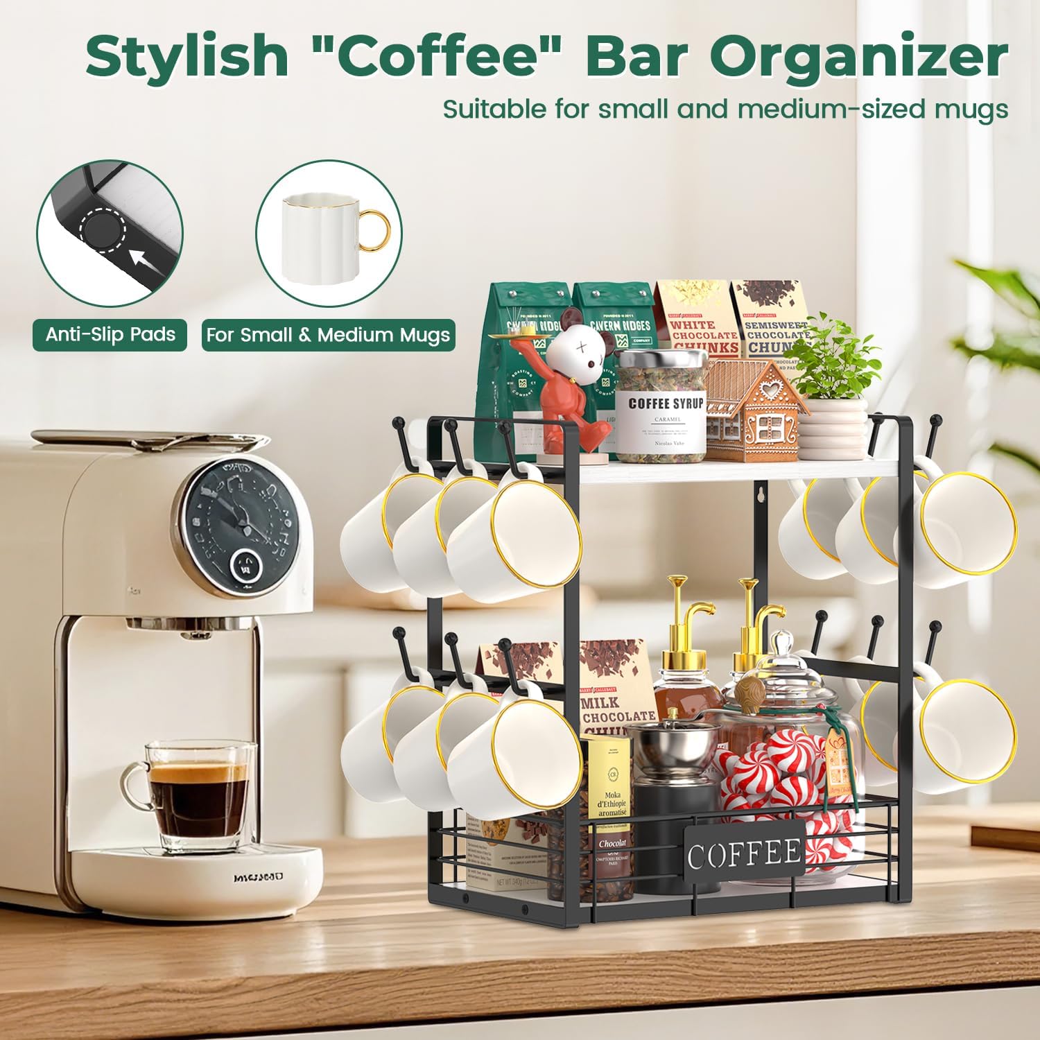 EsLuker.ly Coffee Mug Cup Holder Tree Bar Station Organizer, 2 Tier White | Mug Stand Rack for Countertop Kitchen