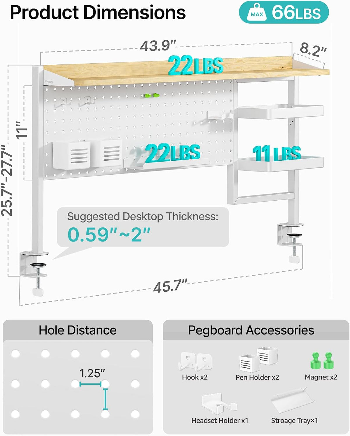 Clamp on Desk Shelf, 44" Desktop Shelving System, White | with Pegboard and Accessories, Desktop Organizer with 2-Tier