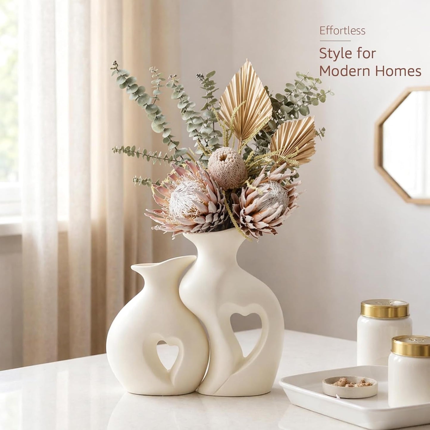 Ceramic Vase Hollowed Heart Flower Vase Set for Modern Nordic Boho Home Decor / White