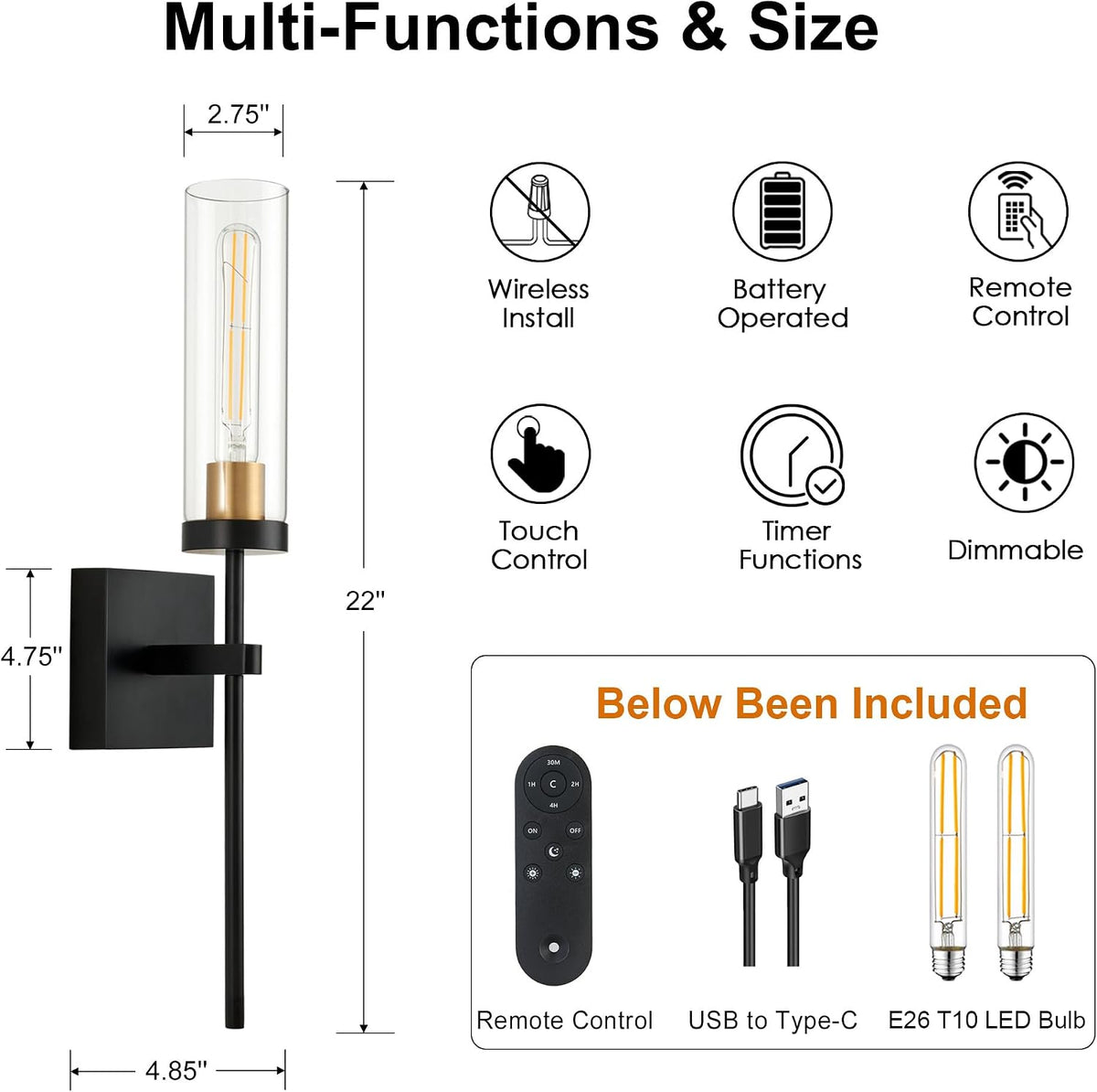 Battery Operated Wall Sconce Set of 2, Black & Gold Wireless Sconces Wall Decor, Rechargeable Wall Lights for Bedroom
