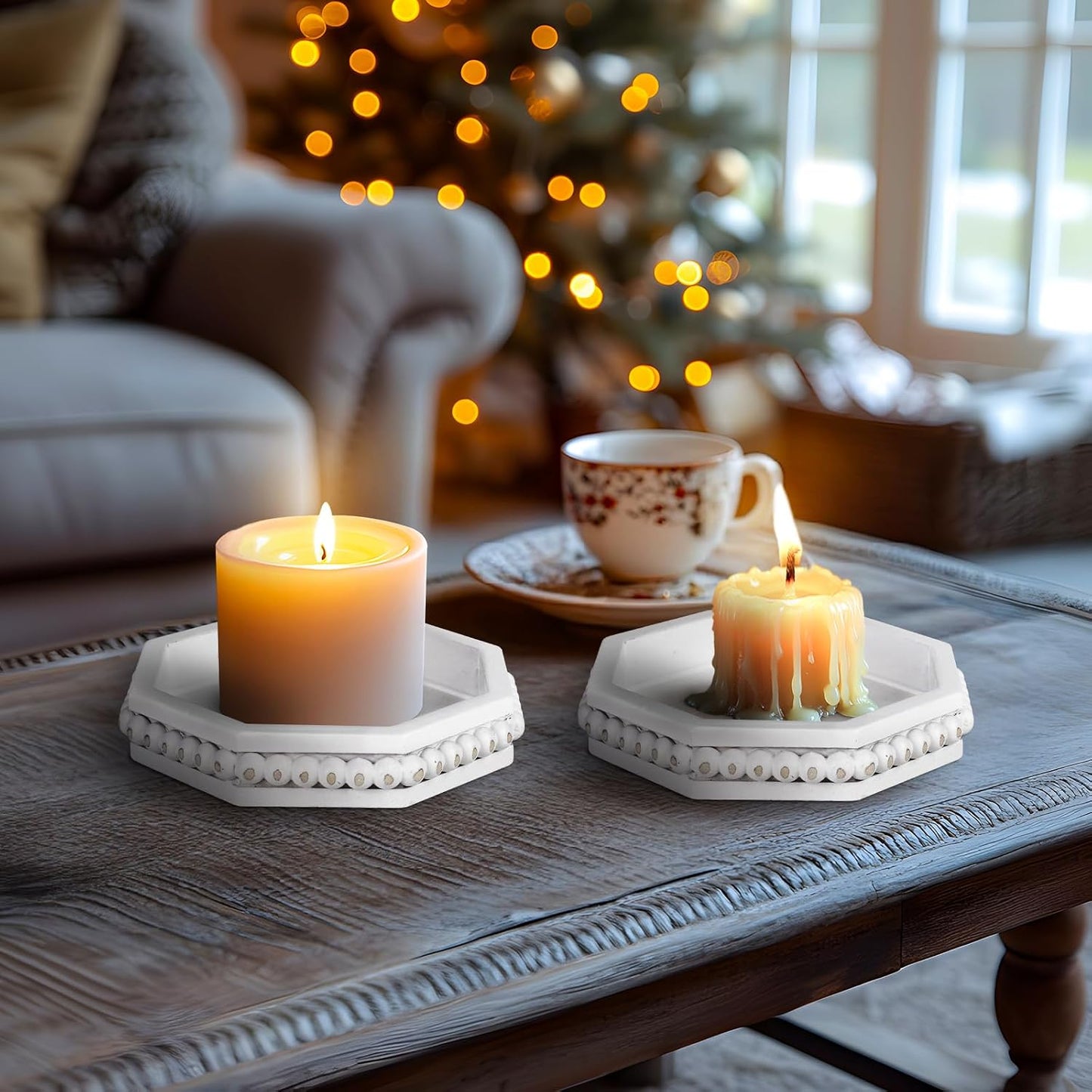 Rustic Round Wood Tray Beaded Risers / Rusticwhite-1 / Set of 2