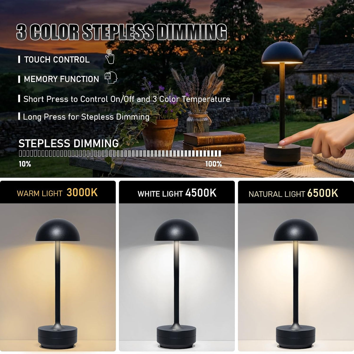 LED Cordless Table Lamp 5000mAh Rechargeable Battery Light Black | Outdoor Portable Battery Operated Up to 60H Touch 3