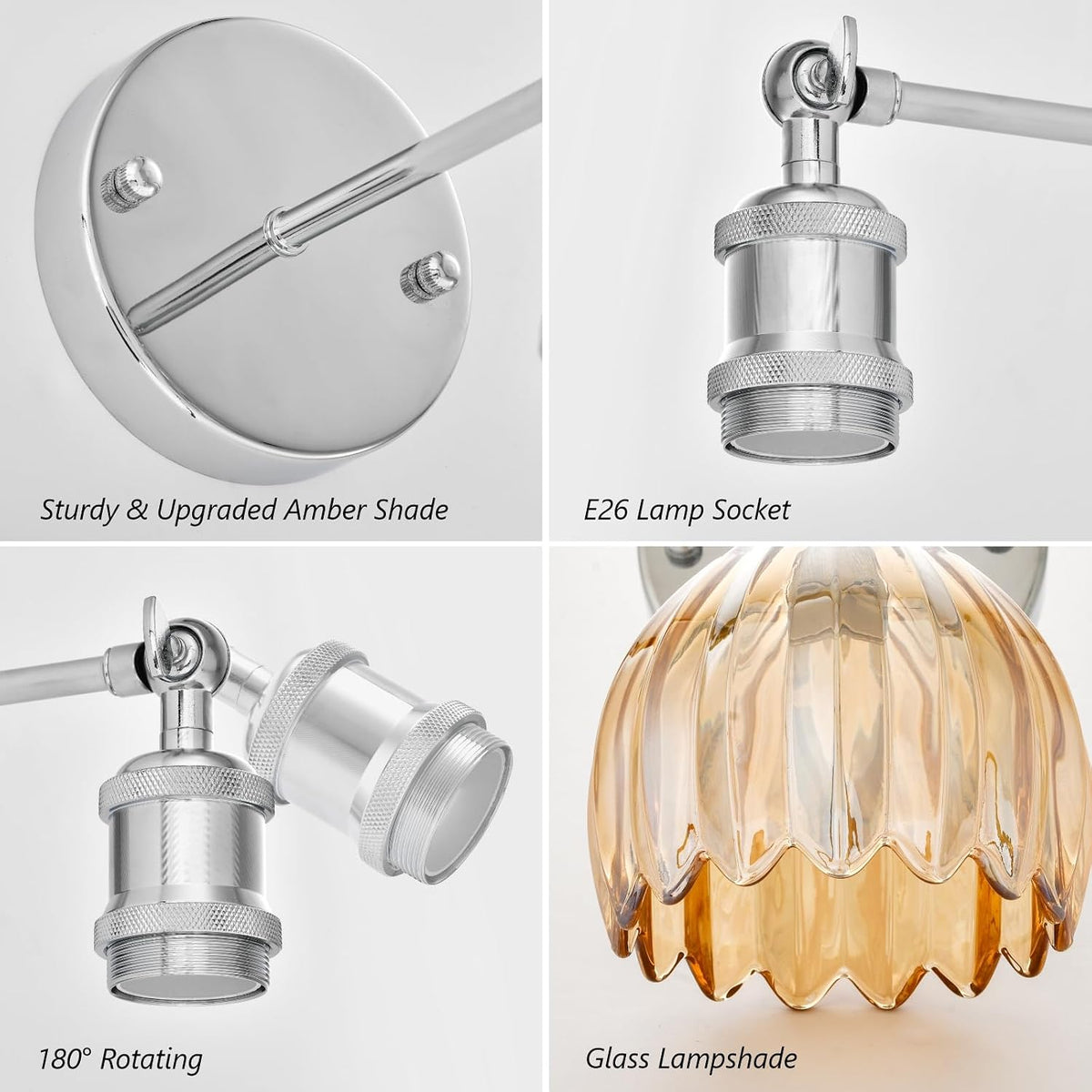 Vintage Battery Operated Wall Sconce, Amber Tulip Glass Lampshade Wireless Rechargeable Battery Powered LED Wall Light