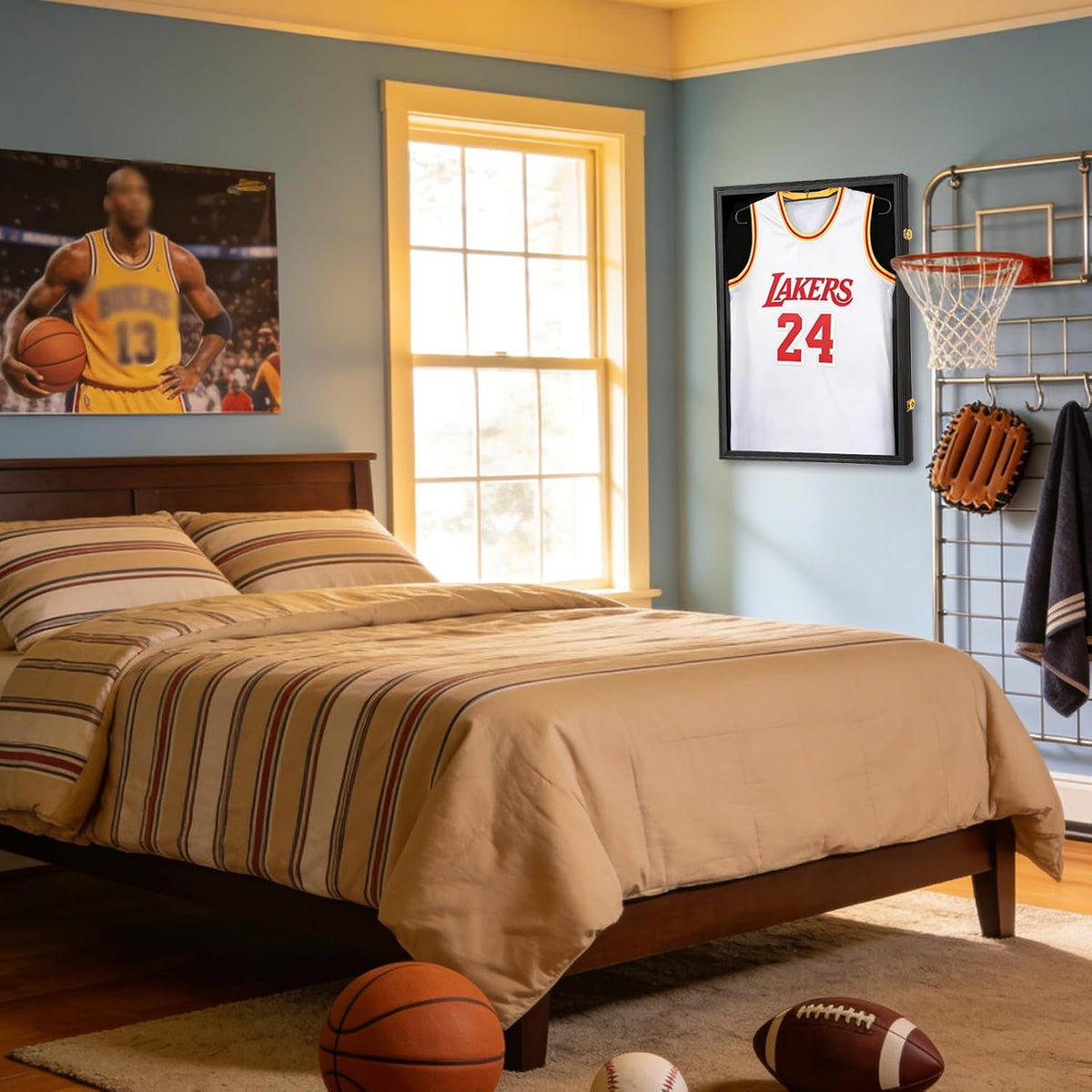 Jersey Frame Display Case, Black Shadow Box for Sport Jerseys, 3P | Wall Mount, Jersey Shadow Box, Golden Anti-Theft