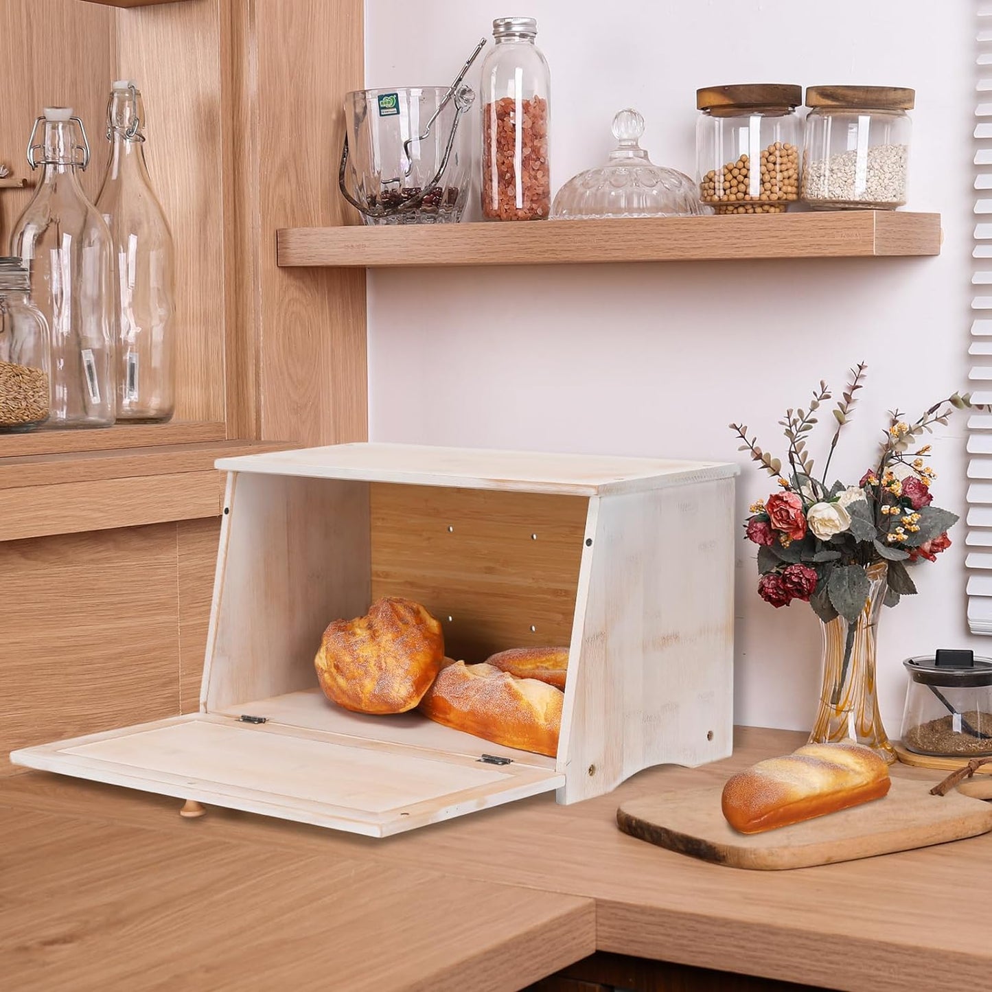 HOMEKOKO Vintage Wood Bread Box for Kitchen Counter, Food Storage Bin,White | Retro Farmhouse Style, Holds 2 Loaves