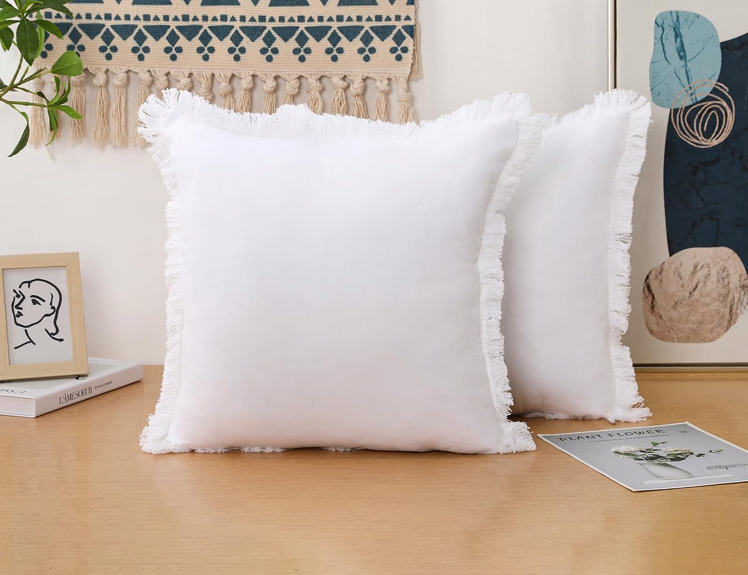Natural Linen Fringed Throw Pillow Covers / White / 18 x 18 / Set of 2