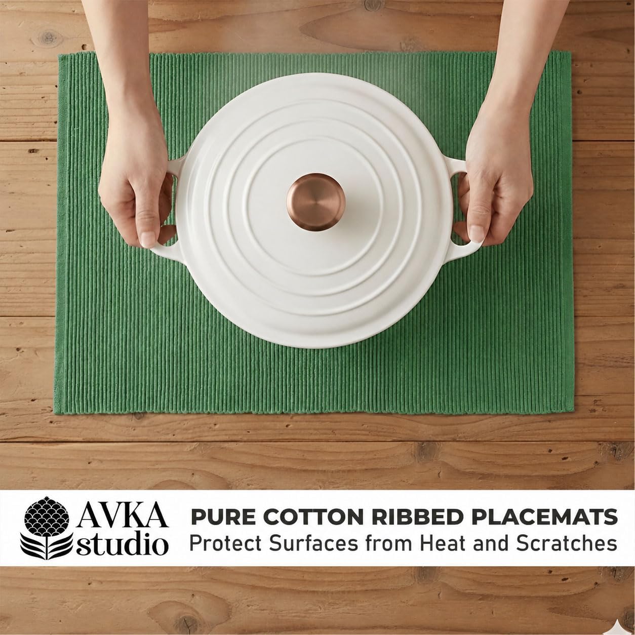 100% Cotton Ribbed Placemats - Set of 4-13 x 19 Inches - Green - Everyday/Christmas Cloth Table Mats - Thick