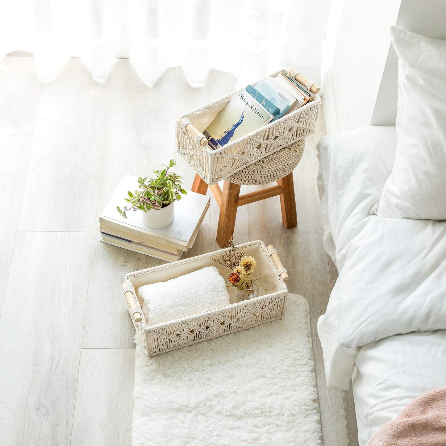 Macrame Storage Baskets Boho Decor Box Handmade Woven Decorative Countertop Toilet Tank / Ivory