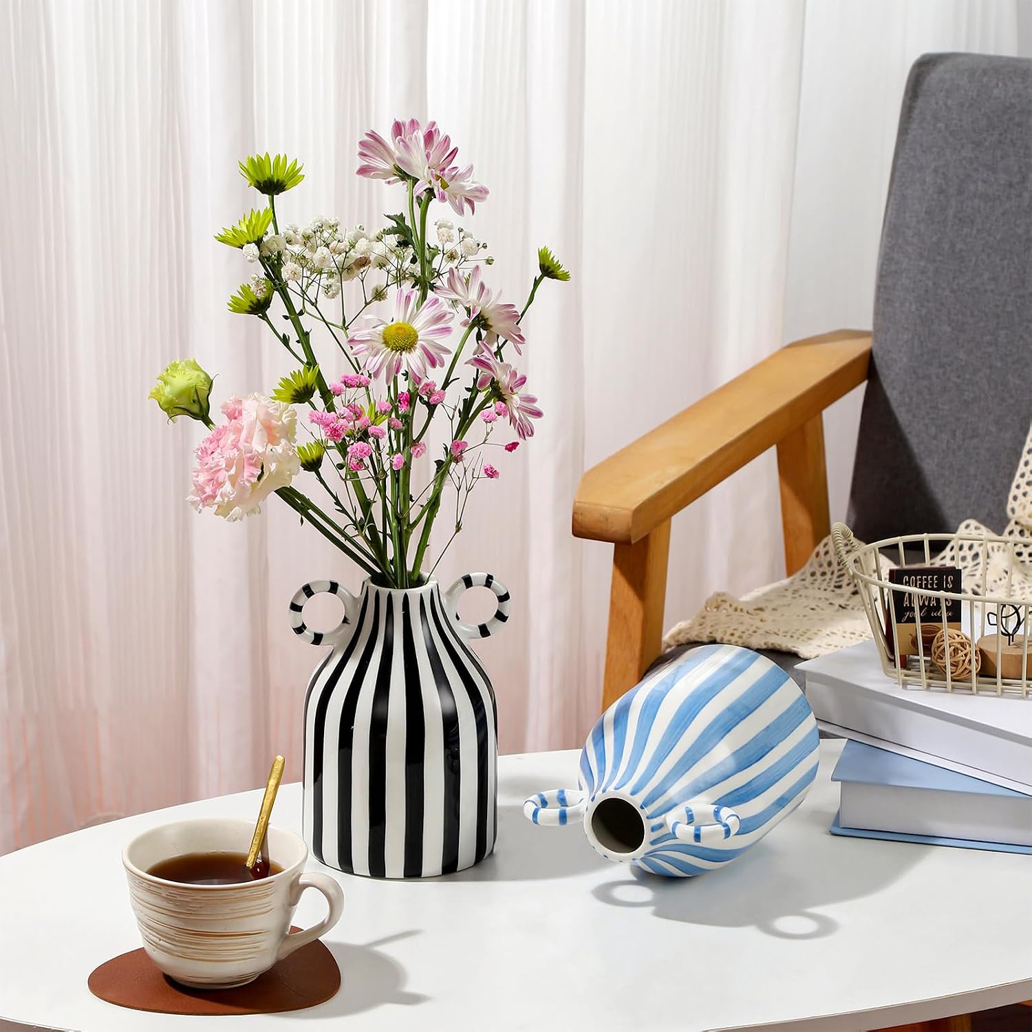 Striped Ceramic Vase / Black and White