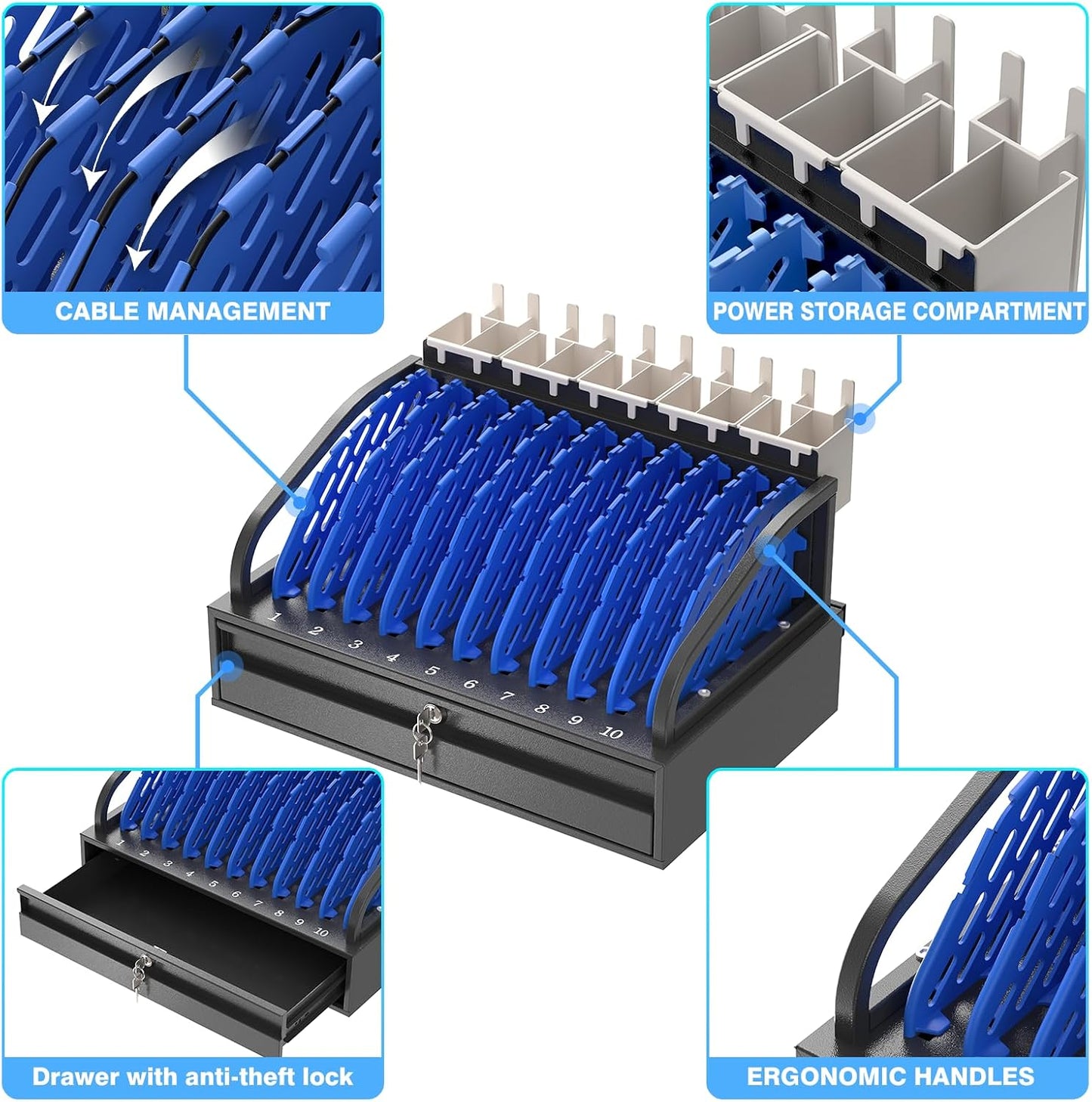 POCHAR 10-Device Open Charging Station for Chromebooks, iPads & Tablets | Heavy-Duty Steel Charging Rack with Lockable