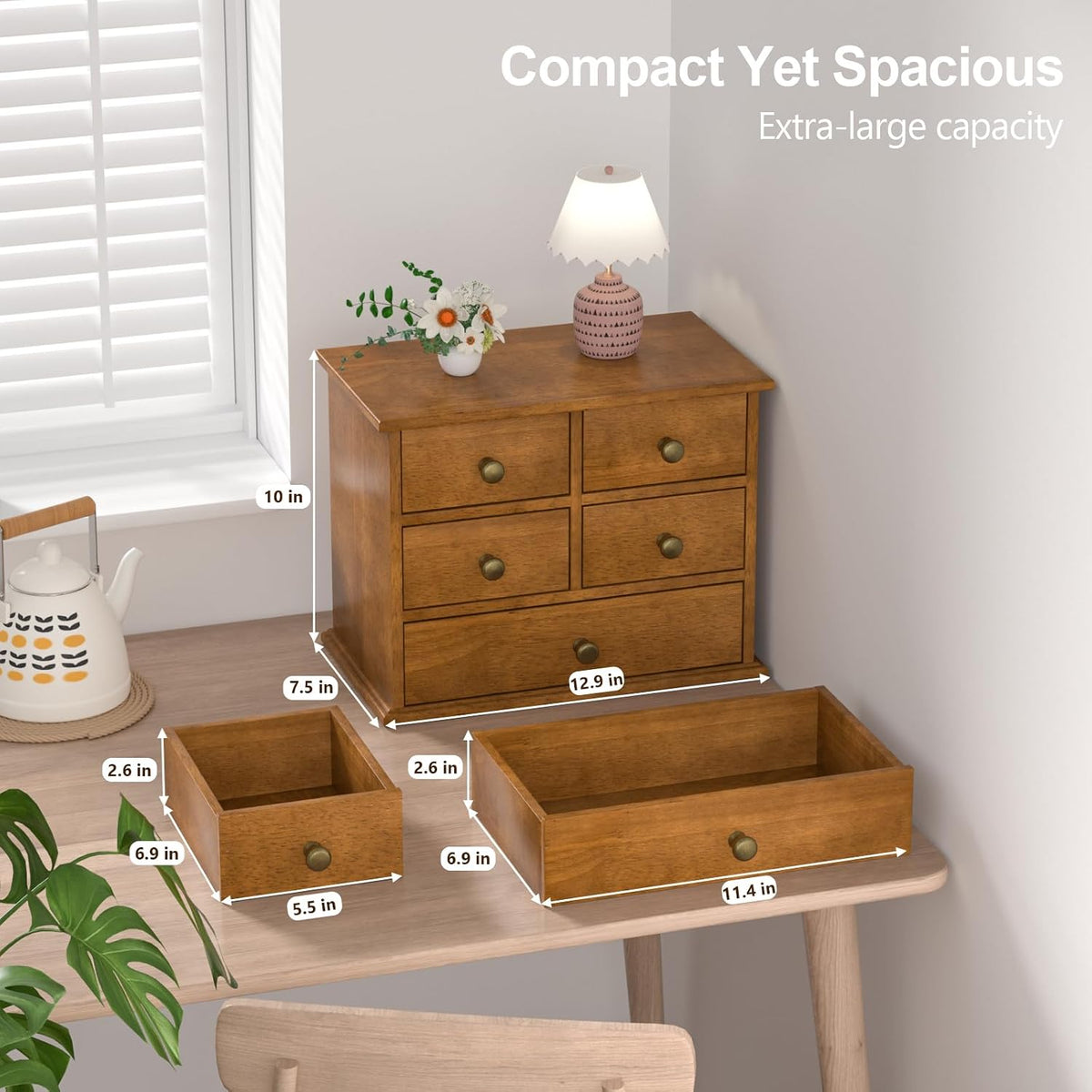 Oak Desk Organizer with Drawers, Durable Wooden Desktop Storage Box | 5 Drawer Tabletop Organizer with Metal Handles &