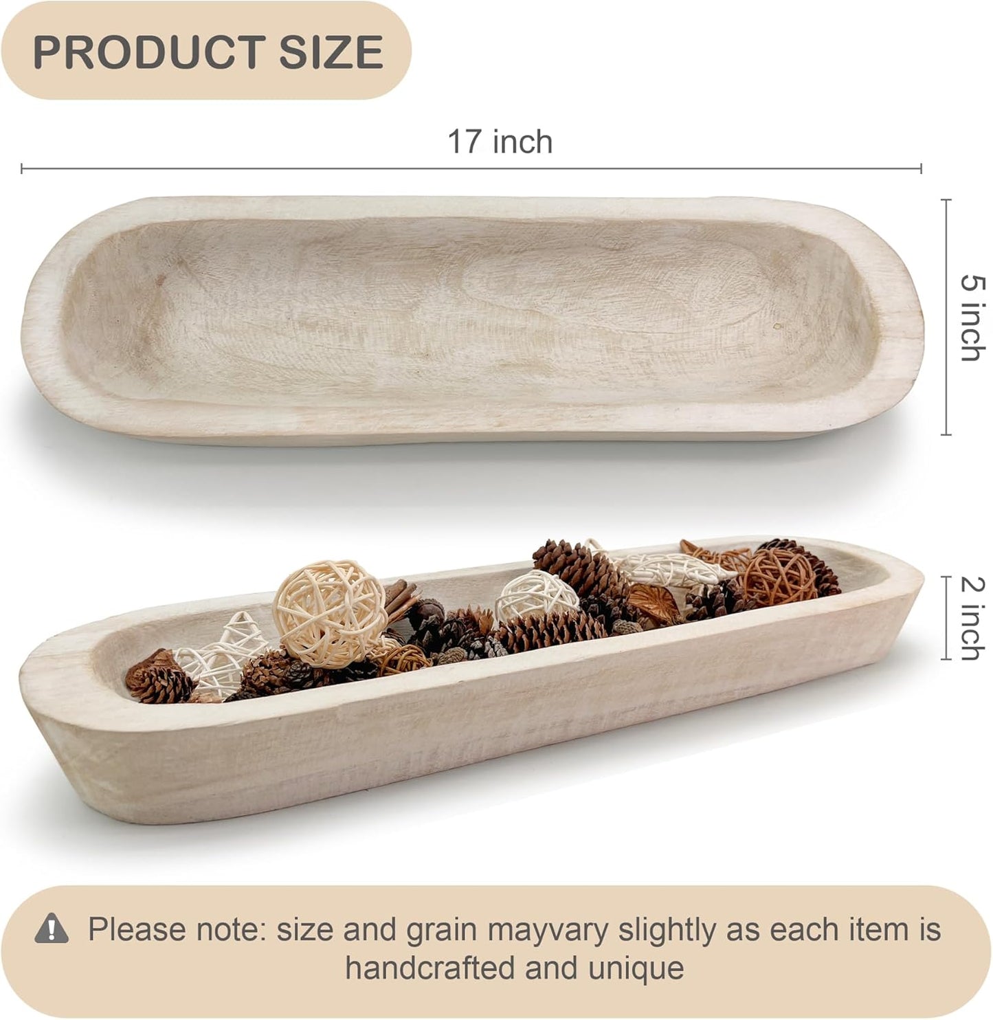Rustic Long Wood Bowl / 17 x 5 x 2 / Inch White