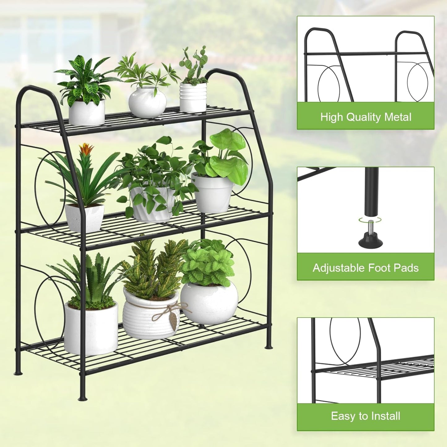 VyGrow Plant Stand, 3 Tier Plant Shelf for Indoor Outdoor, Heavy Duty Metal Outdoor Plant Stand Holder Rack for Living