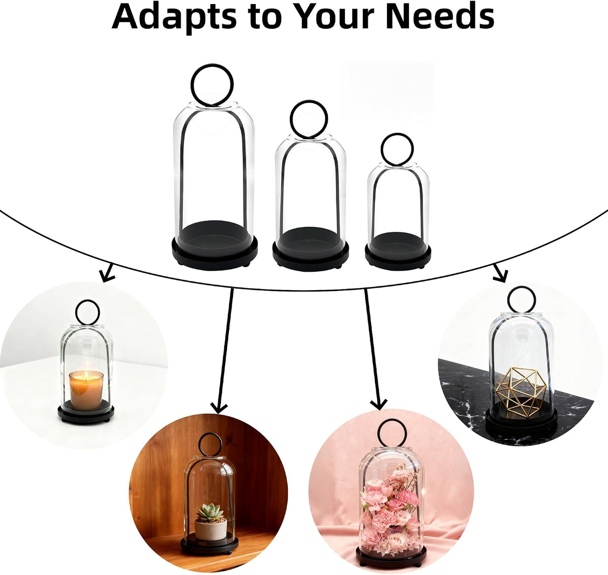 3 Pack Metal Candle Holders with Glass Dome, Black Candlestick Holders Set | 5.5" & 4.7" x 3.9" Wide Versatile