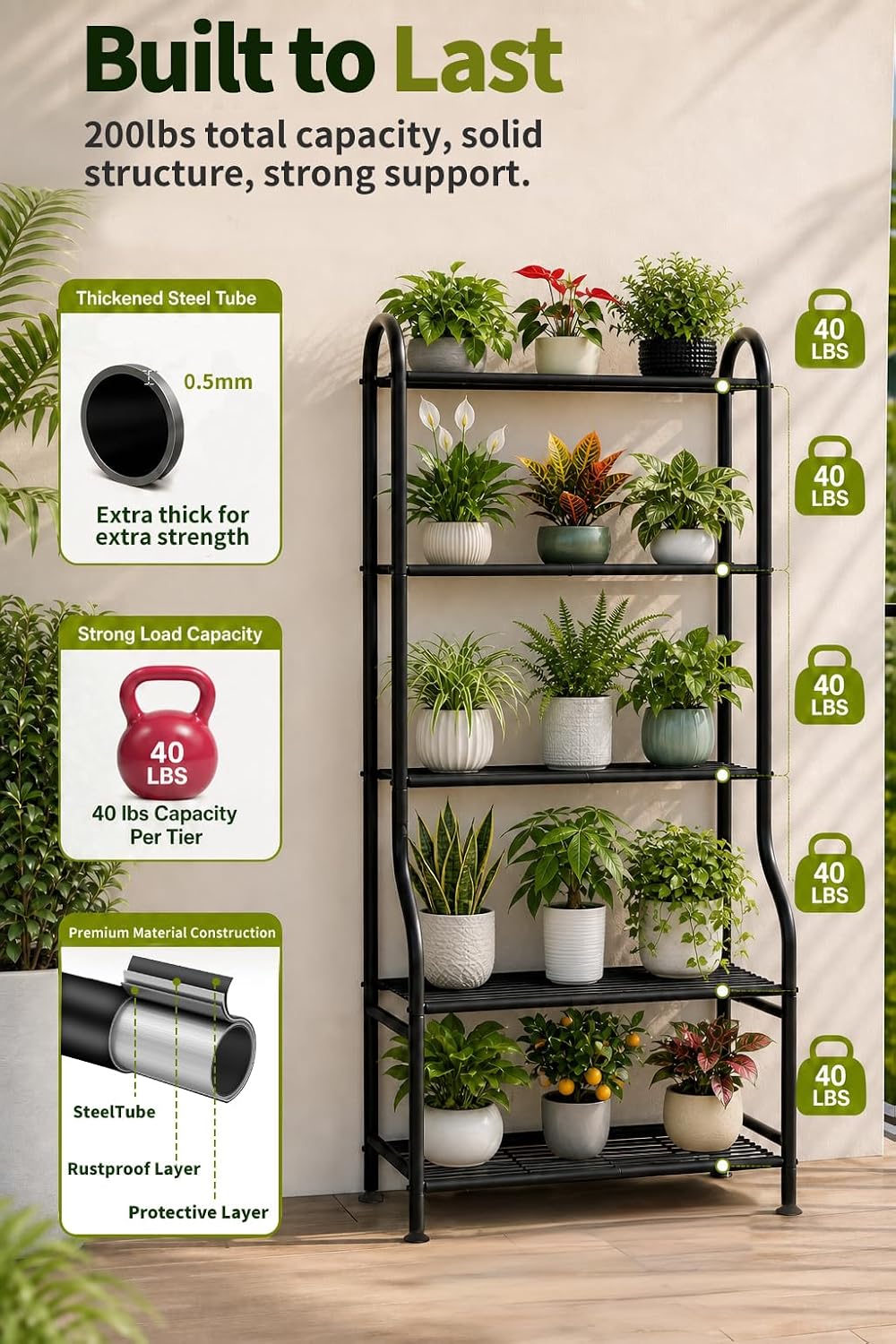 5-Tier Metal Plant Stand - Heavy Duty Indoor Outdoor Flower Shelf for Multiple Pots, 65" Tall Vertical Holder with